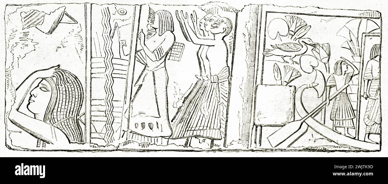 Scene di vita quotidiana e rituali nell'antico Egitto, incisione orizzontale in bianco e nero su sfondo bianco da Magasin Pittoresque, 1852. Foto Stock