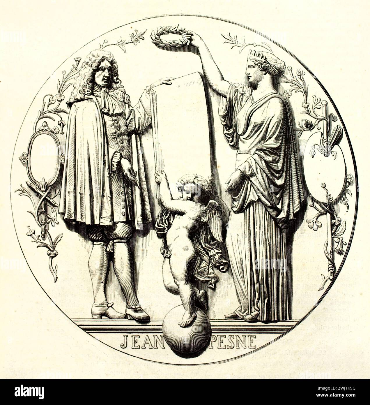 Medaglione allegorico di Jean Pesne con musa e cherubino, incisione verticale in bianco e nero su sfondo bianco da Magasin Pittoresque, 1852. Foto Stock