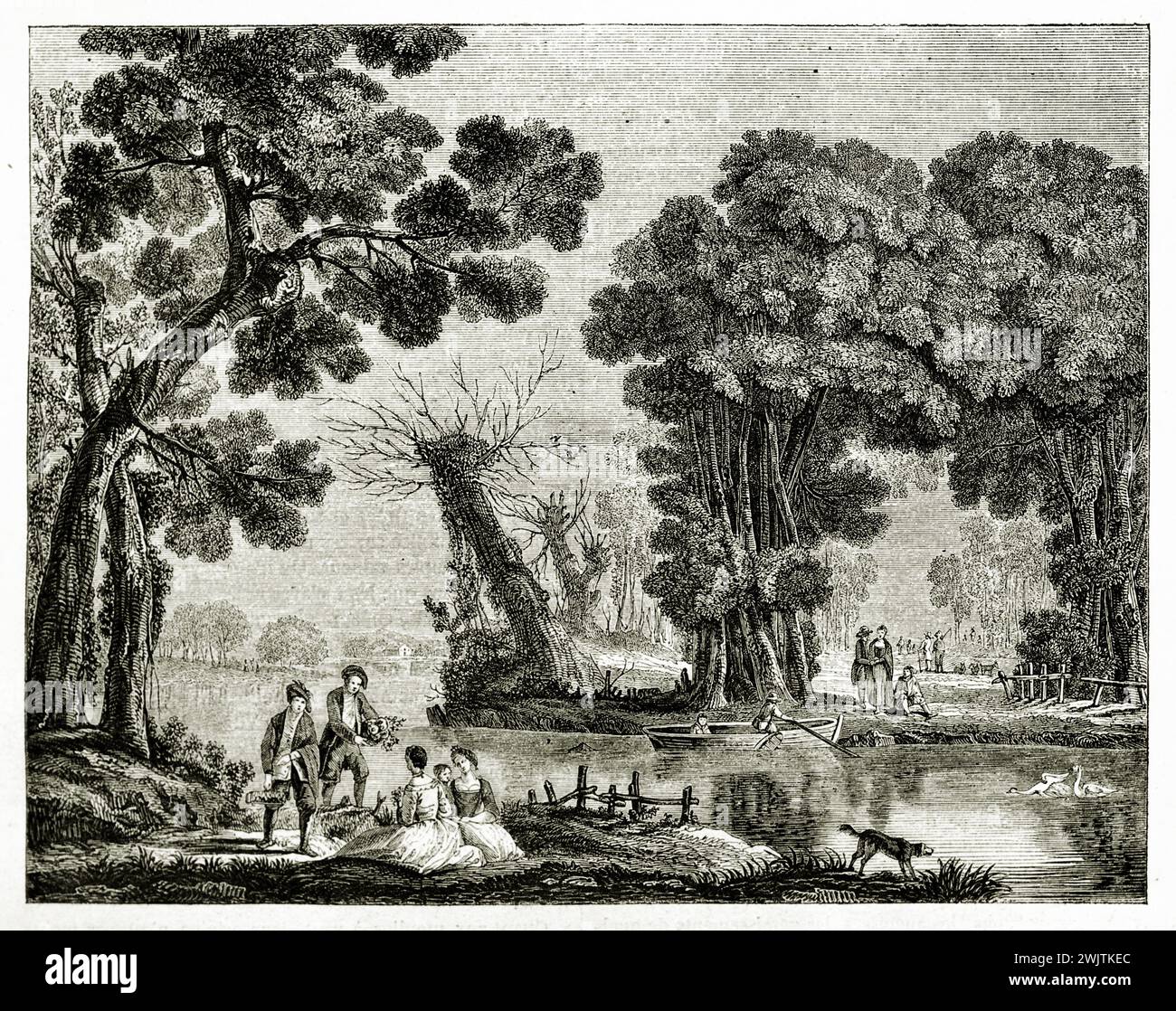 Vecchia illustrazione incisa del paesaggio fluviale. Dopo Jean-Baptiste Pillement, pubblicato su Magasin Pittoresque, Parigi, 1852 Foto Stock