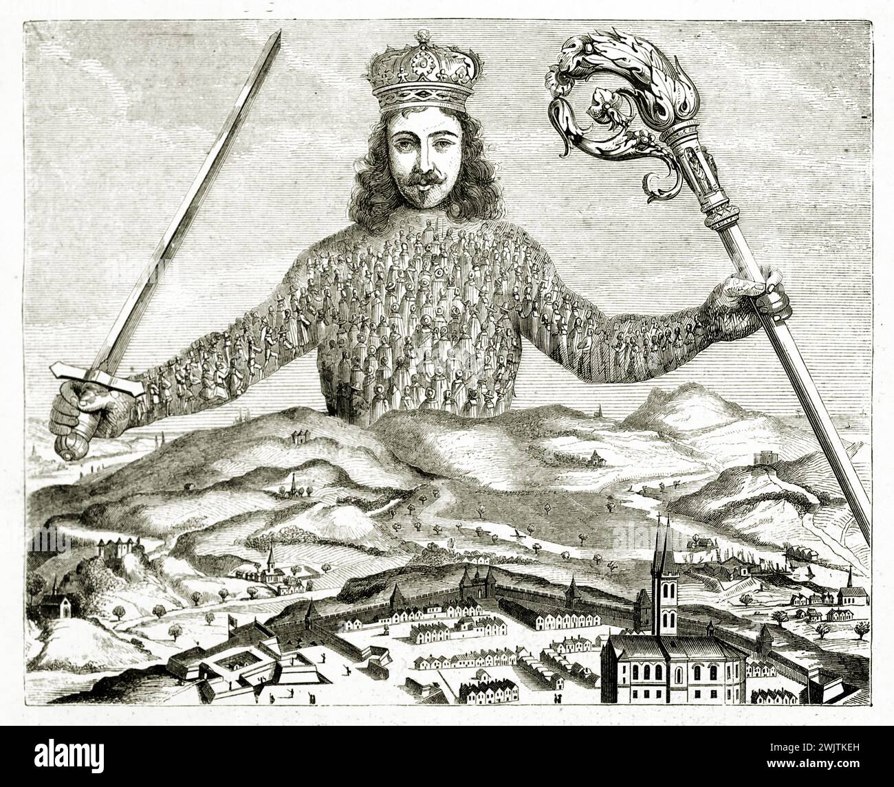 Incisione del frontespizio del Leviatano, un sovrano incoronato formato da innumerevoli persone, che regge la spada e il crozier sulla terra. Da Leviathan, 1651 Foto Stock