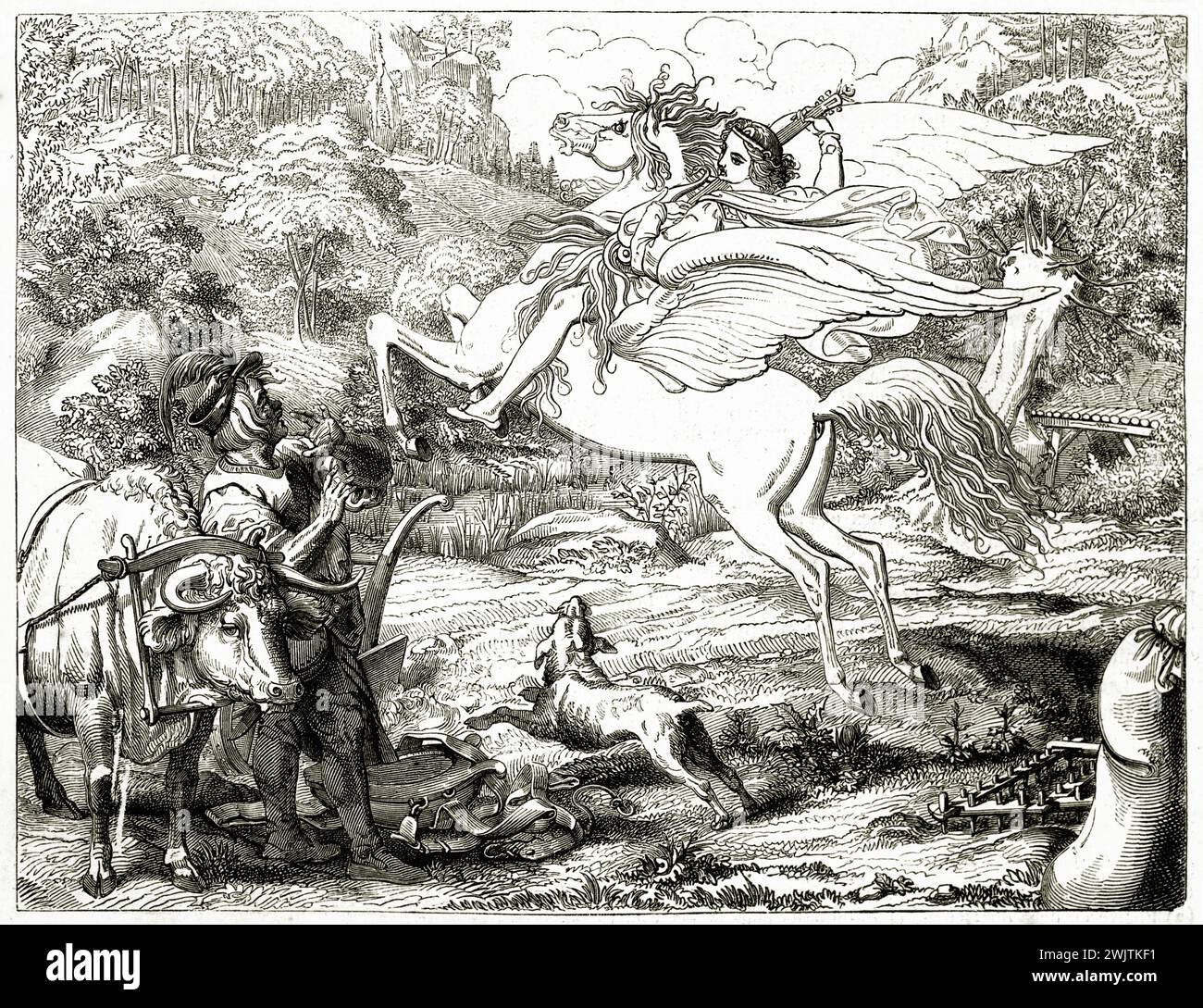 Scena mitica in cui Pegaso rapisce una fanciulla, sorprende un contadino con buoi e aratro. Raffinata incisione in legno del 1852 di Magazin Pittoresque Foto Stock