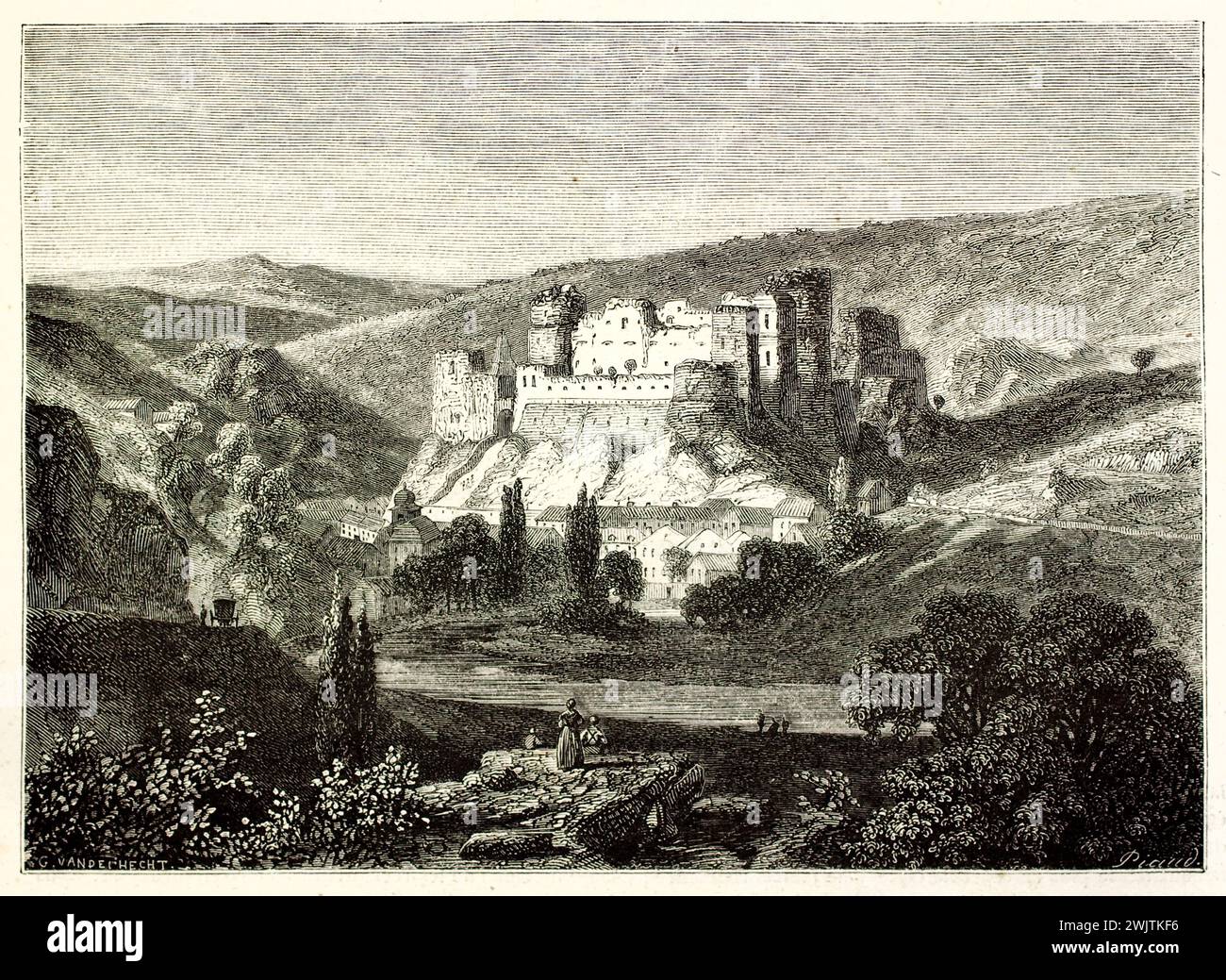 Incisione delle rovine del castello di Roche-en-Ardenne in Belgio, da Magazin Pittoresque, 1852. La composizione enfatizza la struttura medievale Foto Stock