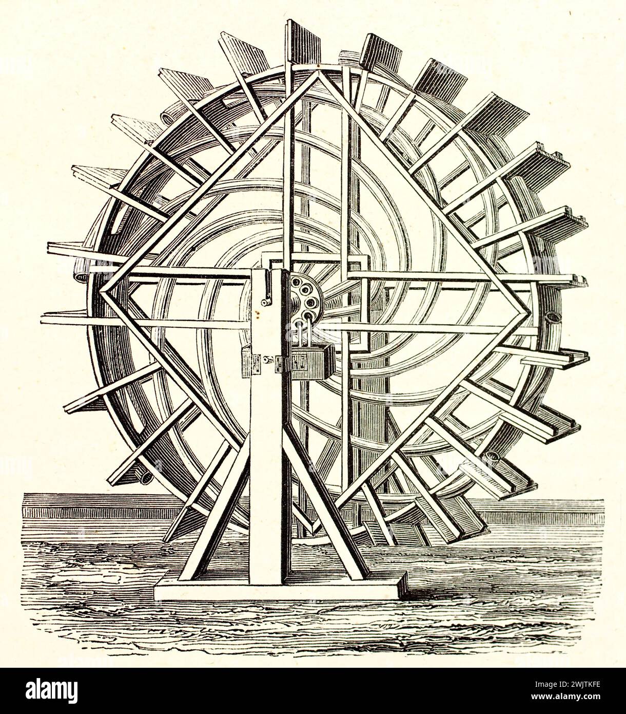 Complessa macchina per il sollevamento dell'acqua con ruota dentata e pale angolate, in Magazin Pittoresque, 1852. Ingegneria di precisione nei dettagli del taglio del legno. Foto Stock