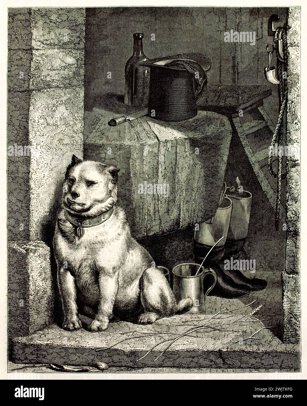 Il cane di un valletto seduto lealmente da attrezzi e indumenti rustici, incisione da Magazin Pittoresque, 1852. Ricco di texture, realismo e tono emotivo. Foto Stock