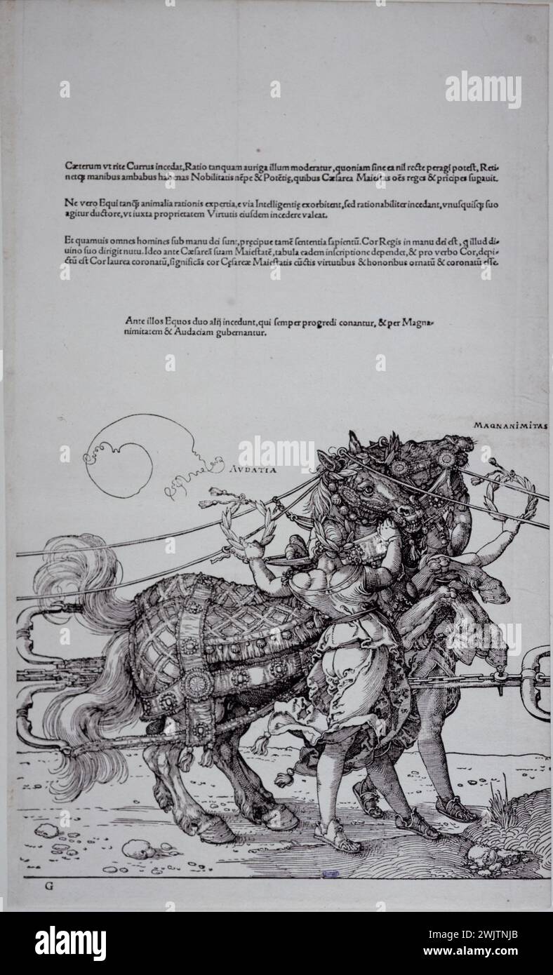 Albrecht Dürer (1471-1528). "Il grande carro trionfante dell'imperatore Massimiliano.Bartsch 139; 7° Consiglio". Incisione in legno, 1512-1523. Museo delle Belle Arti della città di Parigi, Petit Palais. 7th board, imperatore, grande carro, incisione in legno, sacro impero germanico, trionfante Foto Stock