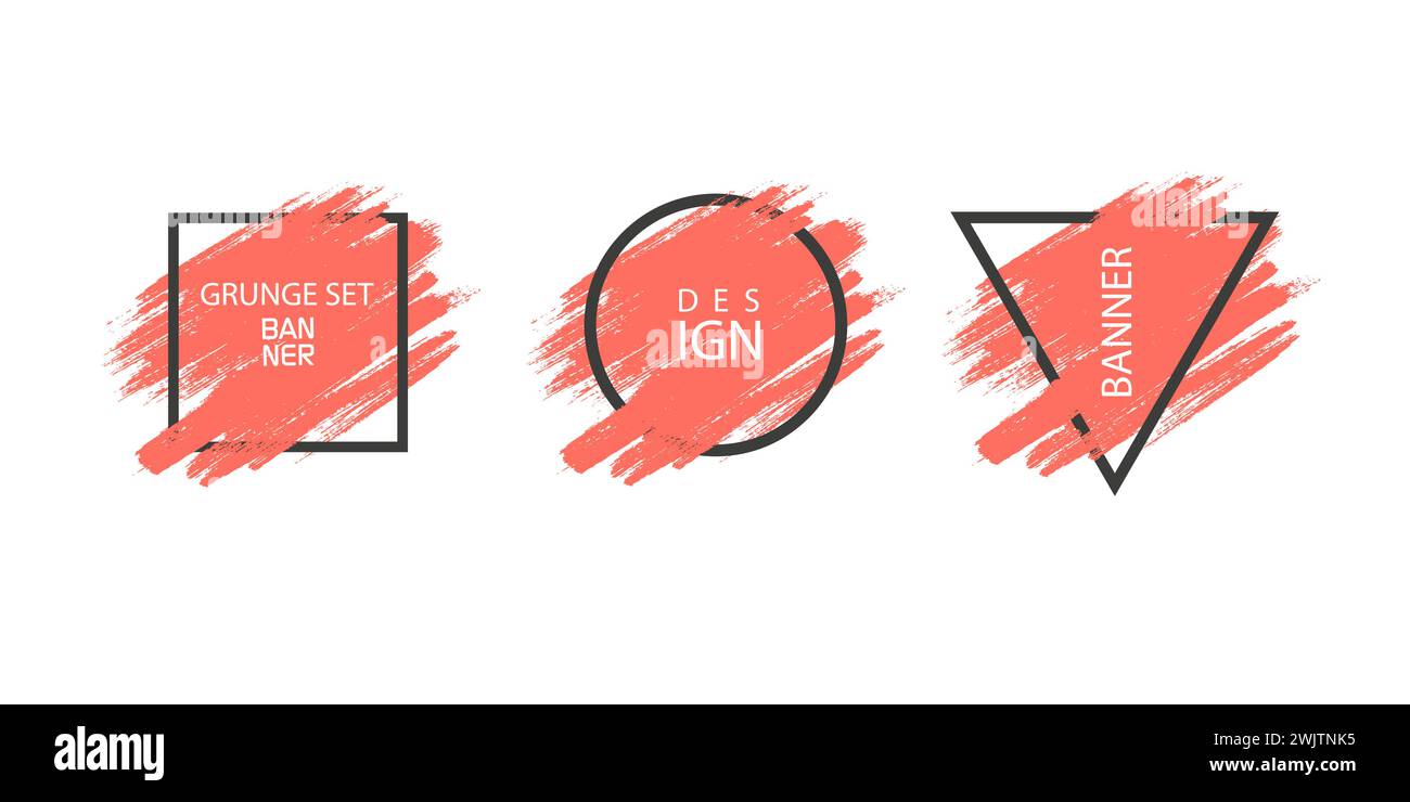 Set di strisce di colore corallo grunge.vettoriale tratti pennello.etichette testurizzate, banner lunghi.elementi di design. Illustrazione Vettoriale