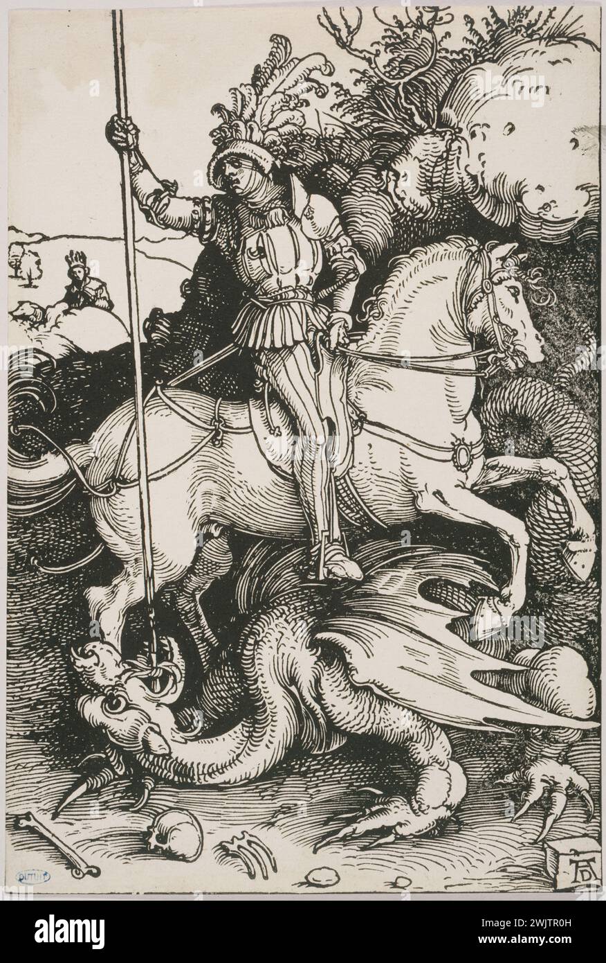 Albrecht Dürer (1471-1528). Saint Georges che uccide il drago. B 111'. Incisione. Museo delle Belle Arti della città di Parigi, Petit Palais. 34091-8 B 111, bestia fantastica, coraggiosa, coraggiosa, cavallo, drago, nuovo testamento, santo, uccidere, animale, incisione, lancia Foto Stock