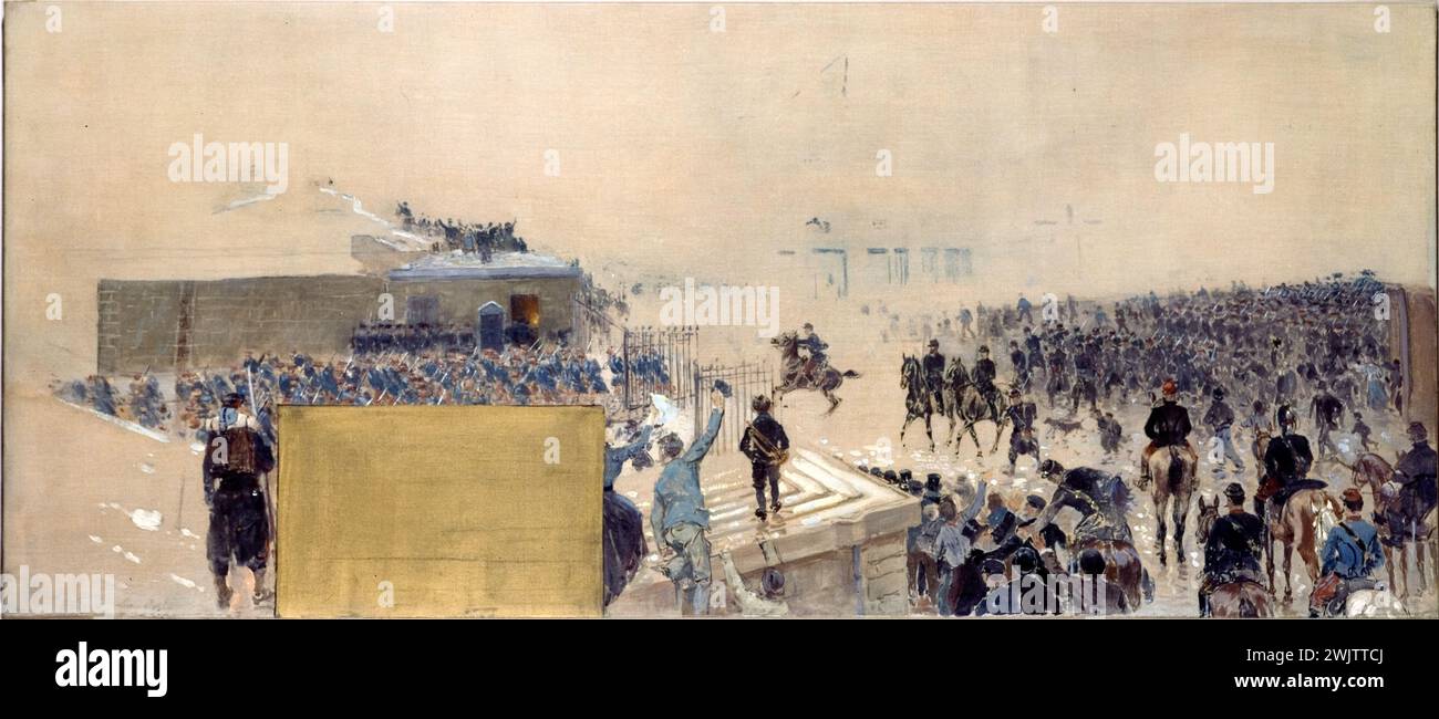 Adolphe Binet (1854-1897). "Sede centrale di Parigi - l'uscita, schizzo per il municipio (Cabinet du Prefet)", 1889. Museo delle Belle Arti della città di Parigi, Petit Palais. A cavallo, esercito francese, gabinetto prefetto, schizzo, guerra del 1870-1871, municipio, sede della città, soldato francese, uscita, fortificazione, fortificazione Foto Stock