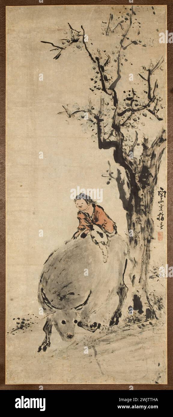 FU WEN. "Buffle e bambino". 1740-1765. Inchiostro e colori sulla carta. Cina. Parigi, museo Cernuschi. Sul retro, albero, bufalo, calligrafia, scrittura calligrafica, bambino, carta, animale Foto Stock