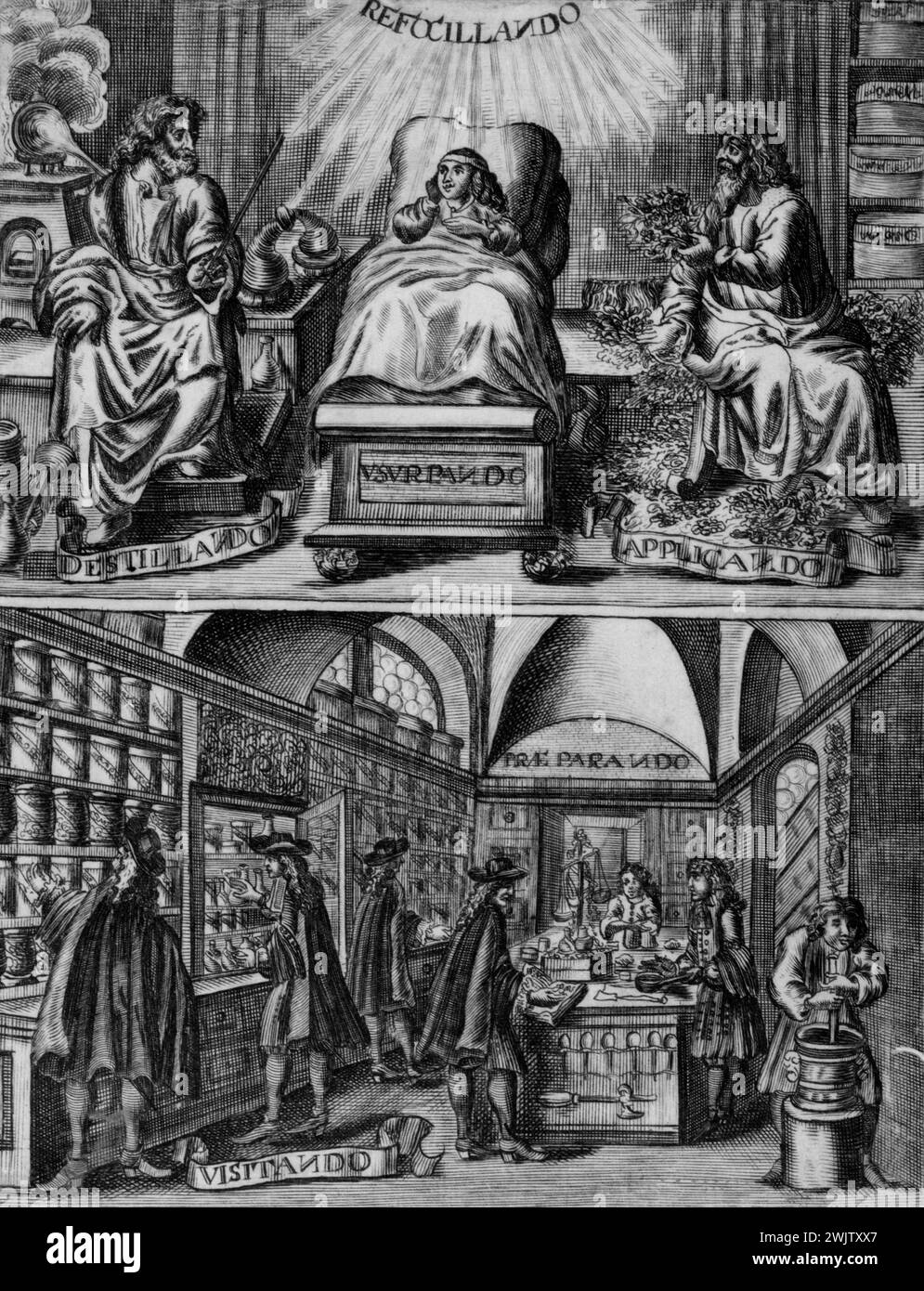 Farmacia sotto Luigi XIV. Estampe. Parigi, museo Carnavalet. 60015-2 Stampa, interni, farmacia, farmacia, farmacista Foto Stock