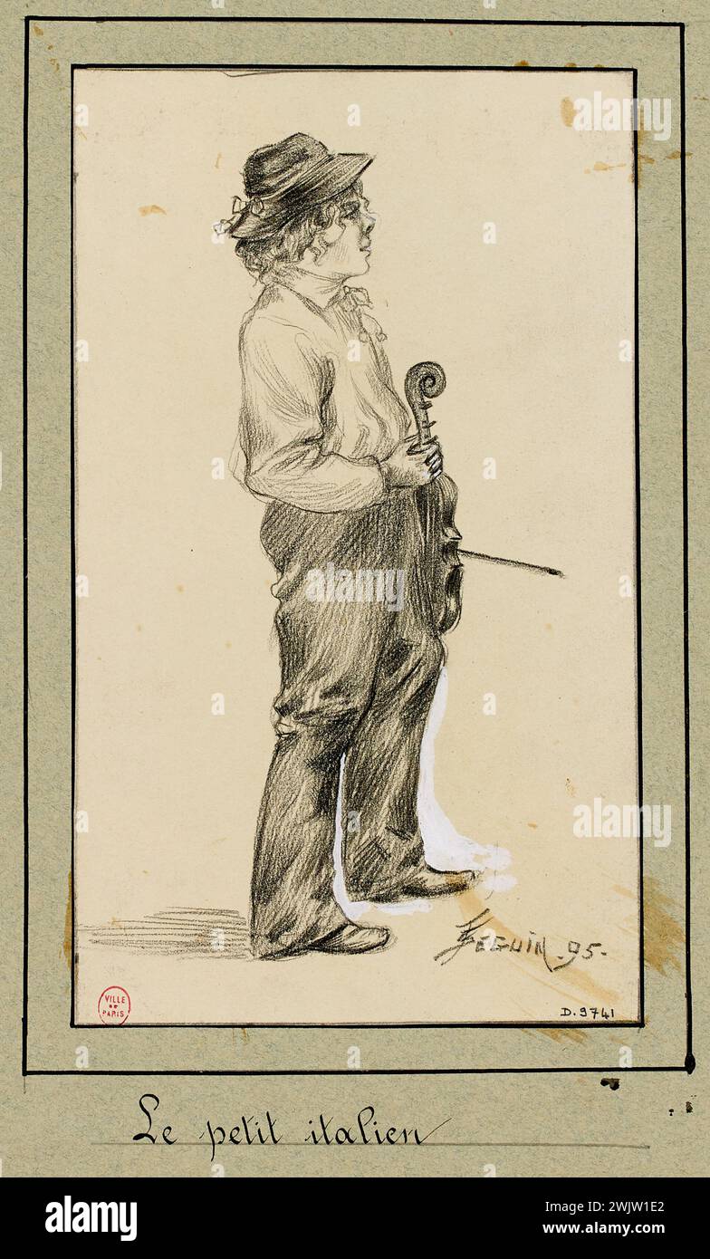 Séguin, F., ambulanti cantanti e musicisti; il piccolo italiano. (Titolo fedele), 1895. Pierre Rehaut nero di guazzo bianco. Museo Carnavalet, storia di Parigi. Un giovane che tiene in mano un violino Foto Stock