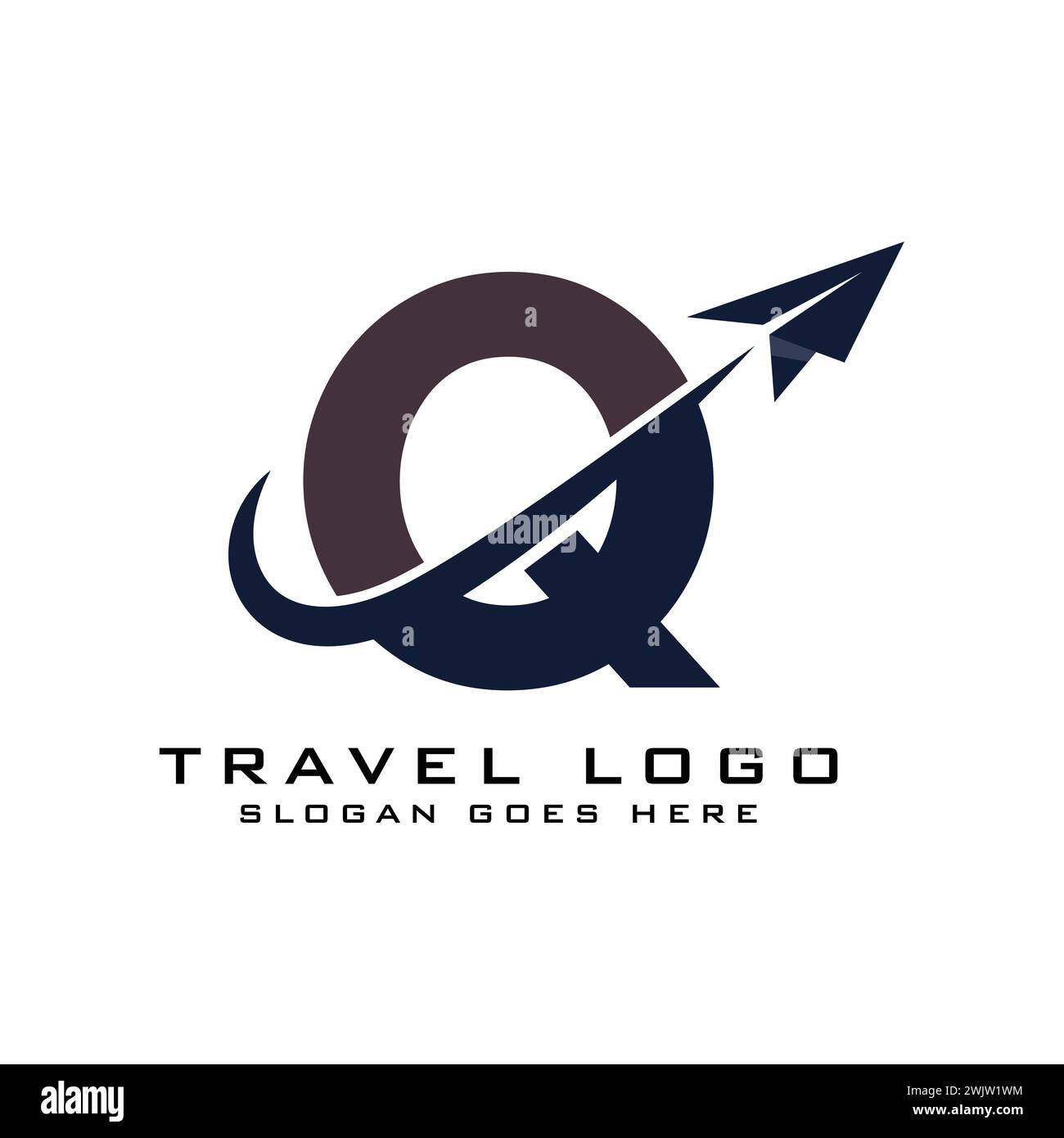 Logo Letter Q Travel Icon Design con elemento grafico Plane per il logo delle agenzie di viaggi Illustrazione Vettoriale