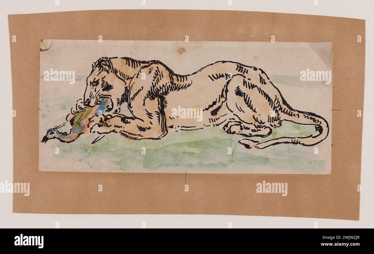 Saint-Marcel-Cabin, Charles Edme (n.1819-09-20-D.1890-02-15), leonessa devozione a volatile (titolo principale). Inchiostro nero e acquerello su carta incollata su carta. Petit Palais, Museo di Belle Arti della città di Parigi. Foto Stock