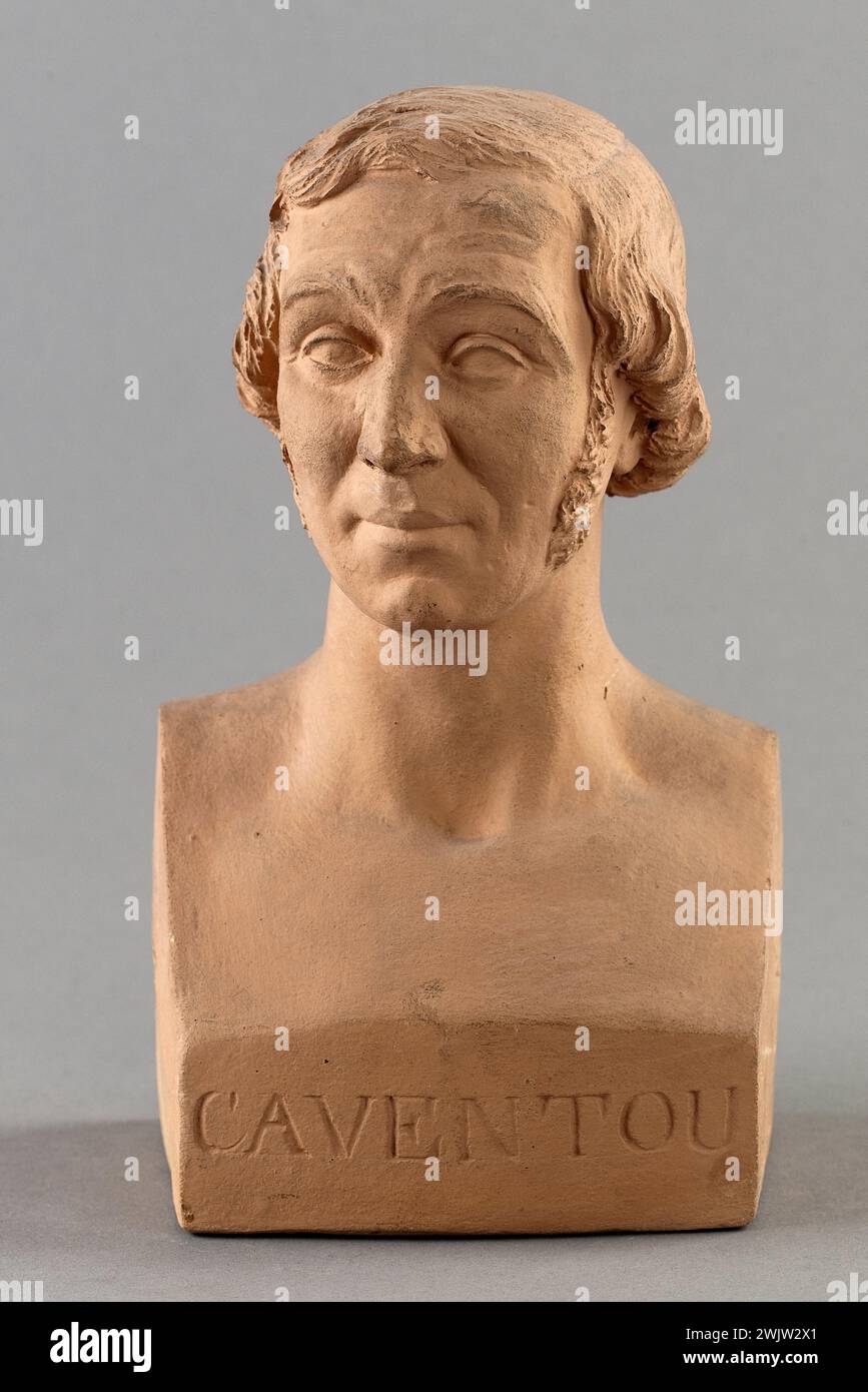 Jean-Pierre Dantan (1800-1869), ha detto Dantan il giovane. Ritratto serio del farmacista Joseph-Bienaimé Caventou (1795-1877). Terracotta, tondo. 1846 Parigi, museo Carnavalet. Busto, farmacista francese, patina a motivi geometrici, ritratto dell'uomo, bump rotondo, terracotta Foto Stock