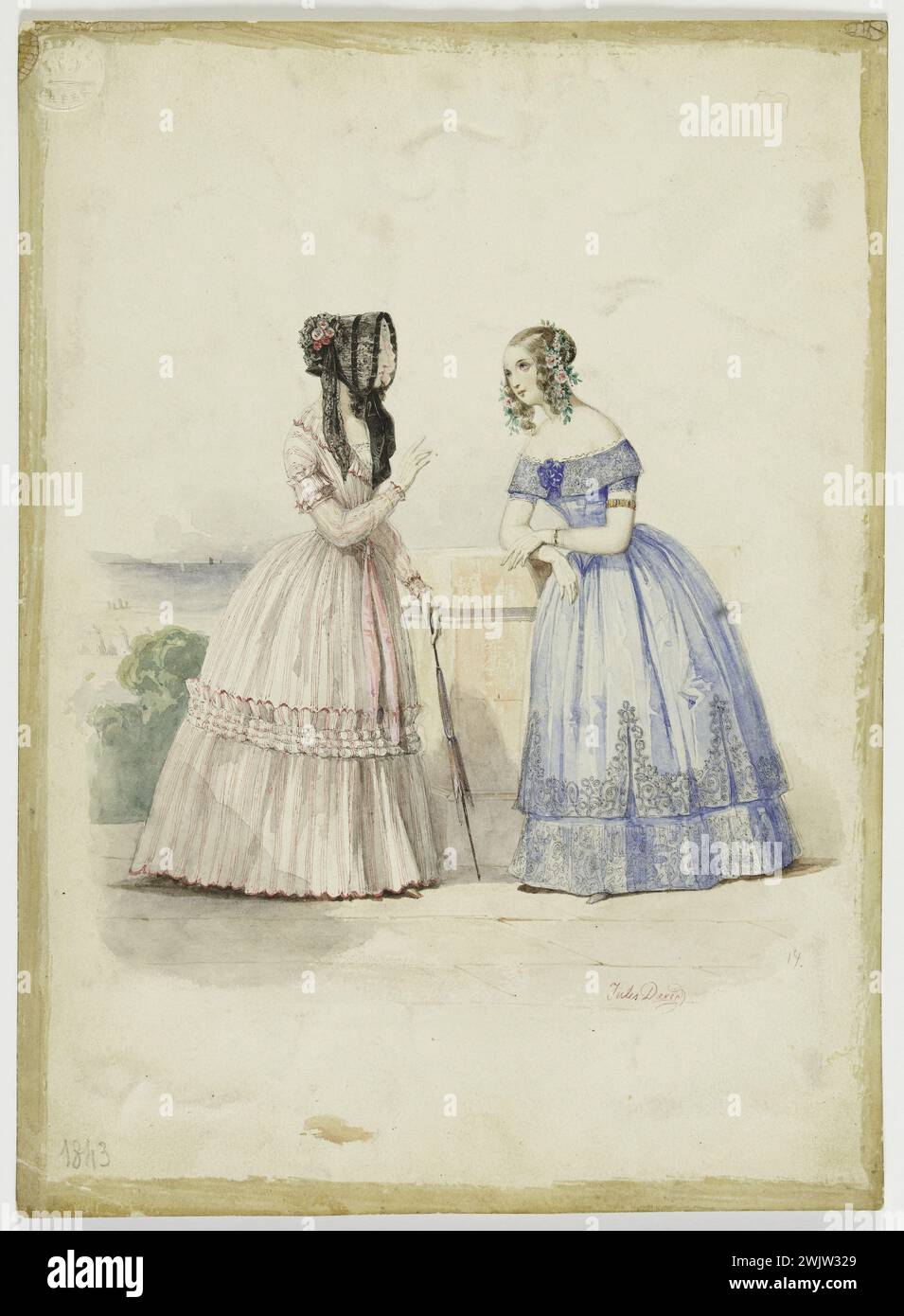 Jules David (1808-1892). "Due donne in abiti estivi". Disegno per tavola n ° 14, "il monitor moda". Due donne in abito e palla acconciata. Piuma d'inchiostro nero, lavaggio grigio, gouache, rialzi bianchi, cartone bianco laminato, timbro rotondo a secco "H.G." "Bristol Paper", iscrizione a cerchi al centro una corona. Agosto 1843. Galliera, museo della moda della città di Parigi. 37821-18 palla, acconciatura, disegno, inchiostro nero, donna, gouache, lavaggio grigio, monitor alla moda, abito estivo, piume Foto Stock