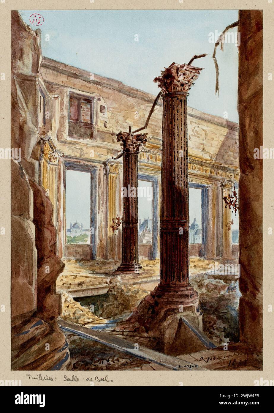 Normand, Alfred Nicolas (N.1822-06-01-D.1909-03-09), Tuileries' Ball Hall. (Titolo tattico), 1871. Matita, inchiostro piuma e marrone, lavaggio marrone e acquerello su carta. Museo Carnavalet, storia di Parigi. Foto Stock