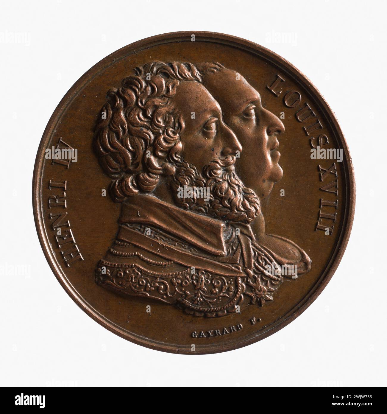 Raymond Gayrard (1777-1858). Restauro della statua di Enrico IV sul Pont Neuf, 28 ottobre 1817. Rame rosso (dritto). Parigi, museo Carnavalet. Medaglia, numismatica Foto Stock