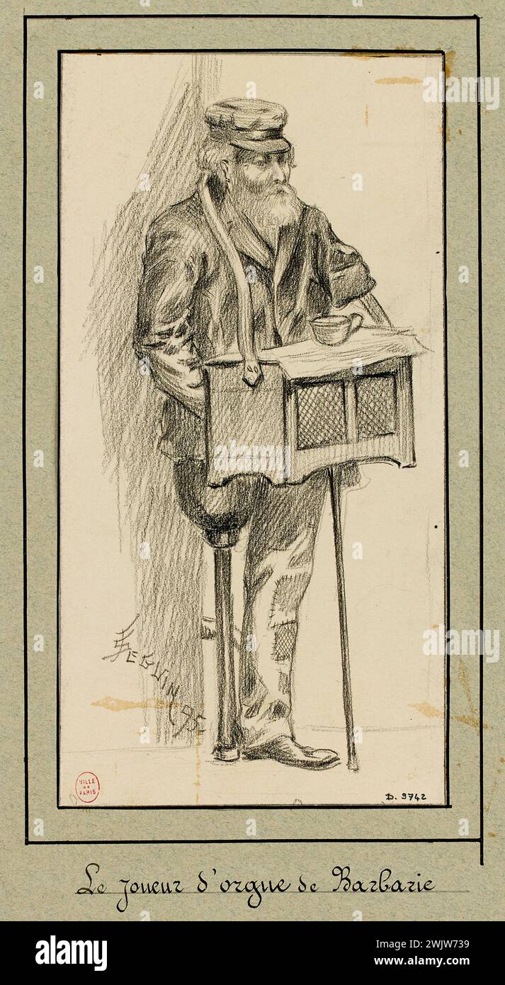 Séguin, F., cantanti ambulanti e musicisti; il barbarie suonatore d'organo. (Titolo fedele), 1895. Pierre nero. Museo Carnavalet, storia di Parigi. Uno unito con il suo organo di barbarie Foto Stock