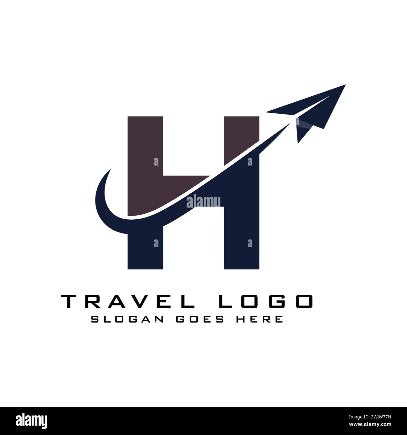 Logo Letter H Travel Icon Design con elemento grafico Plane per il logo delle agenzie di viaggi Illustrazione Vettoriale