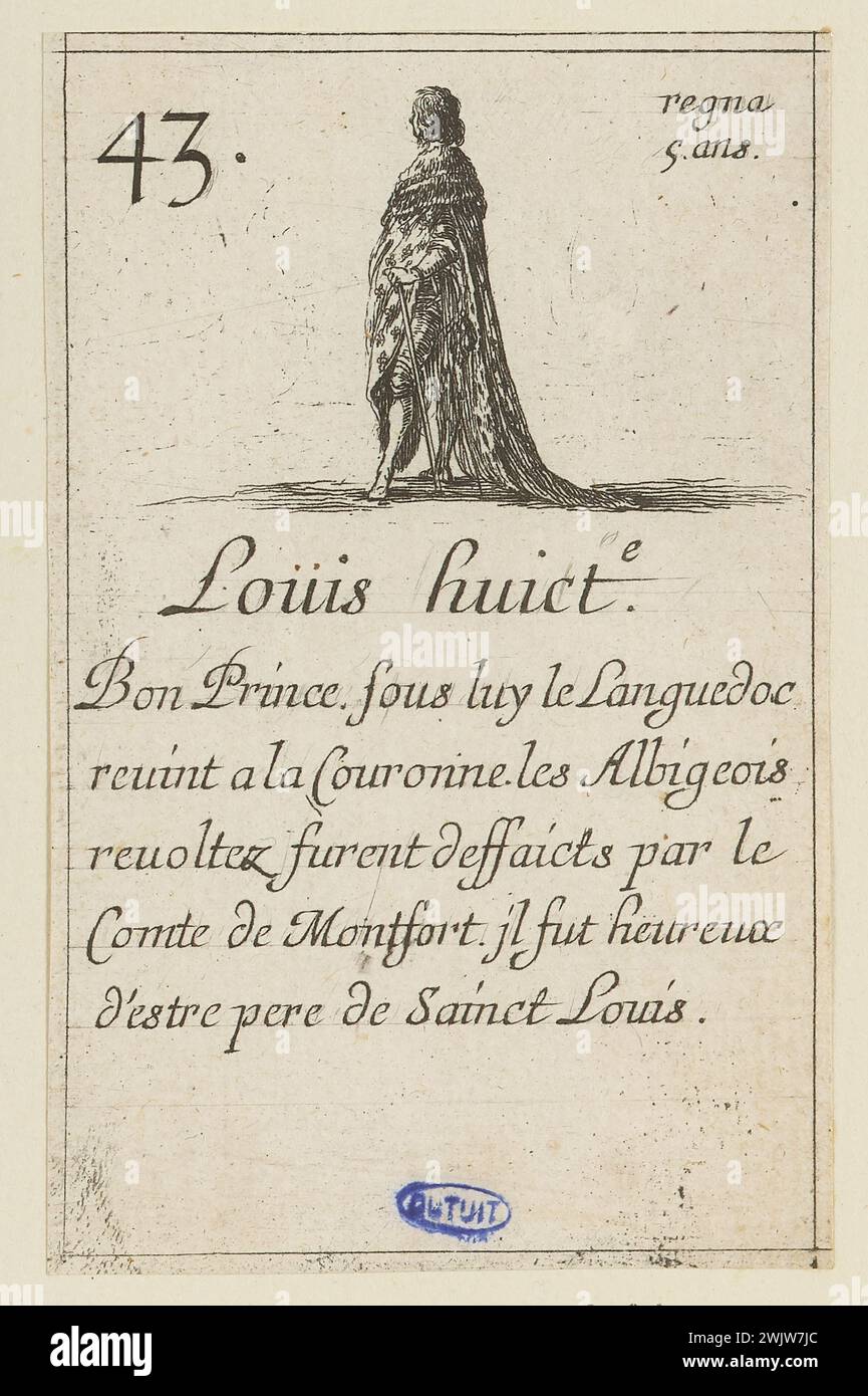 Della bella, Stefano (dit Étienne de la Belle) (n.1610-05-18-D.1664-08-22), carte dei Re di Francia, Luigi VIII Ventiquattresimo numero di una suite di 40 pezzi. (A. de Vesme 655; Dutuit 119) (titolo principale), 1644. Incisione. Petit Palais, Museo di Belle Arti della città di Parigi. Foto Stock