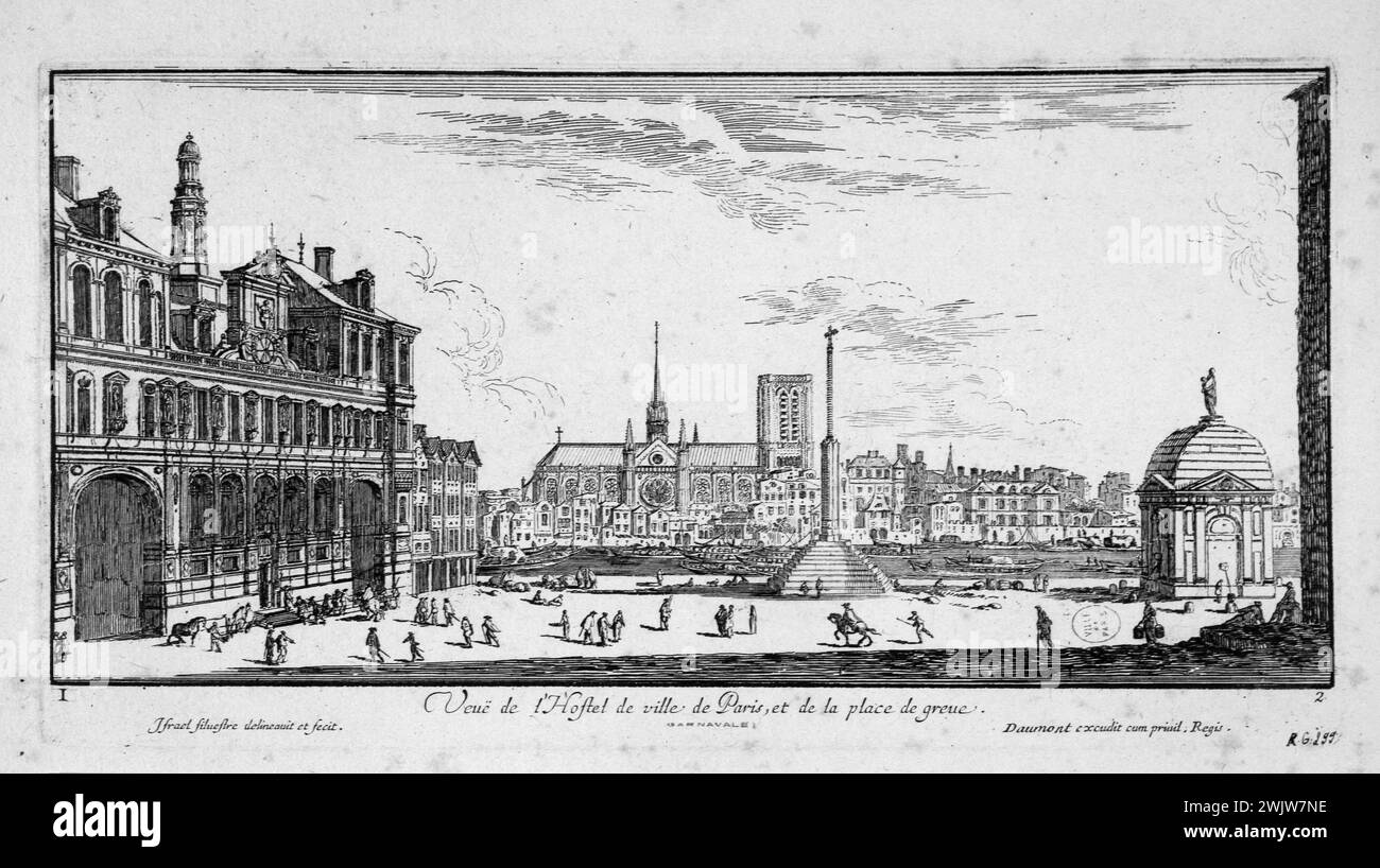 Israel Silvestre (1621-1691) e Israel Henriet (1590-1661). "Vista dell'Hôtel-de-Ville de Paris e di Place de Grève". Incisione, 1650-1655. Parigi, museo Carnavalet. Eat, Hotel-de-Ville, IVEME IV 4° 4° arrondissement, municipio, Place de Greve Foto Stock