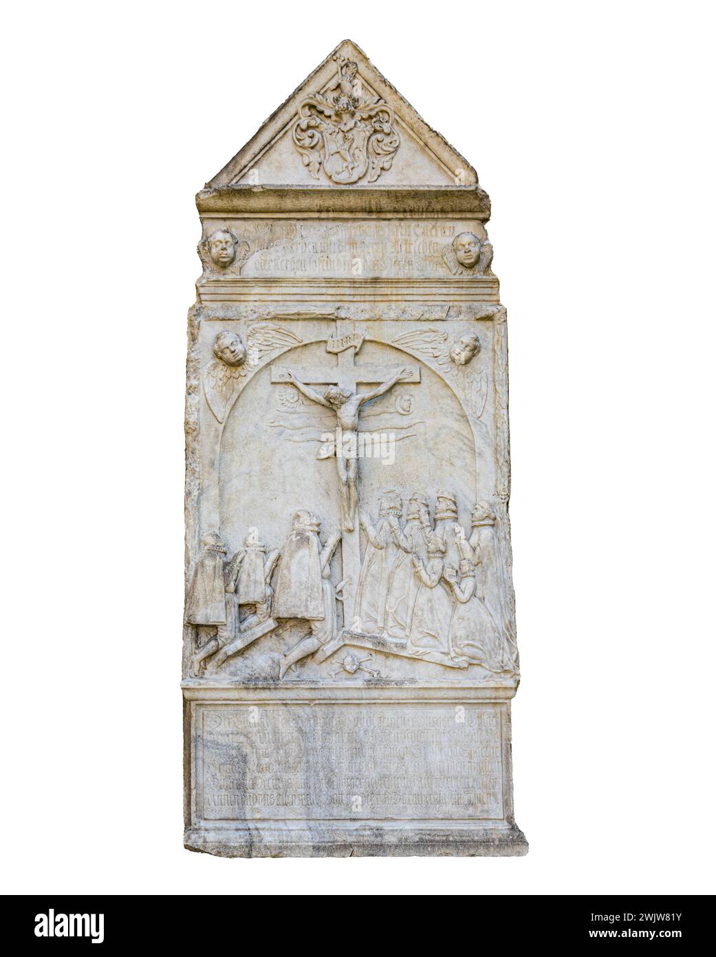 Una stele germanica religiosa scolpita in pietra di epoca medievale su sfondo trasparente Foto Stock