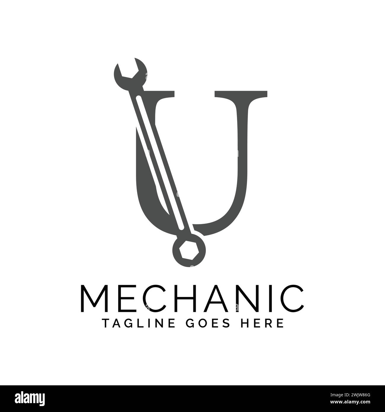 Logo con lettera U e chiave. Design del logo Alphabet U Spanner Illustrazione Vettoriale