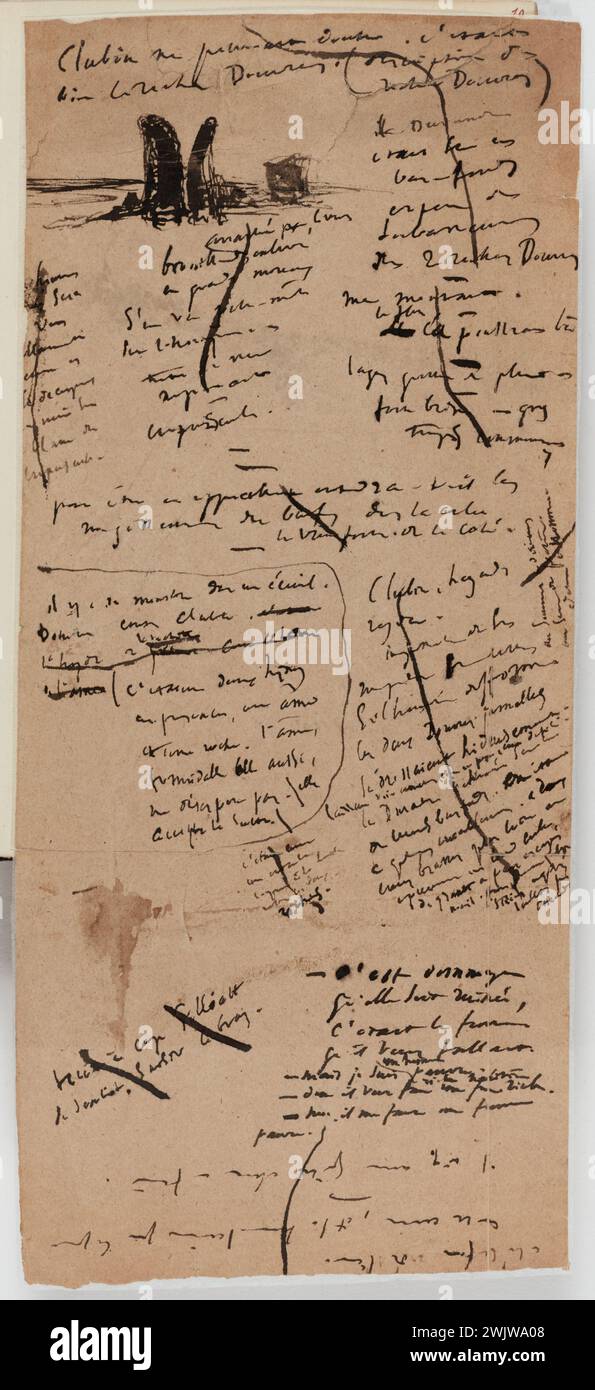 Hugo, Victor (N.1802-02-26-D.1885-05-22), Cotau per i lavoratori marittimi con schizzo: Clubin non poteva dubitare. Era il Rocher Douvres (titolo fittizio), 1864. L'inchiostro è presente sulla carta marrone. Casa di Victor Hugo - Casa di Hauteville. Foto Stock