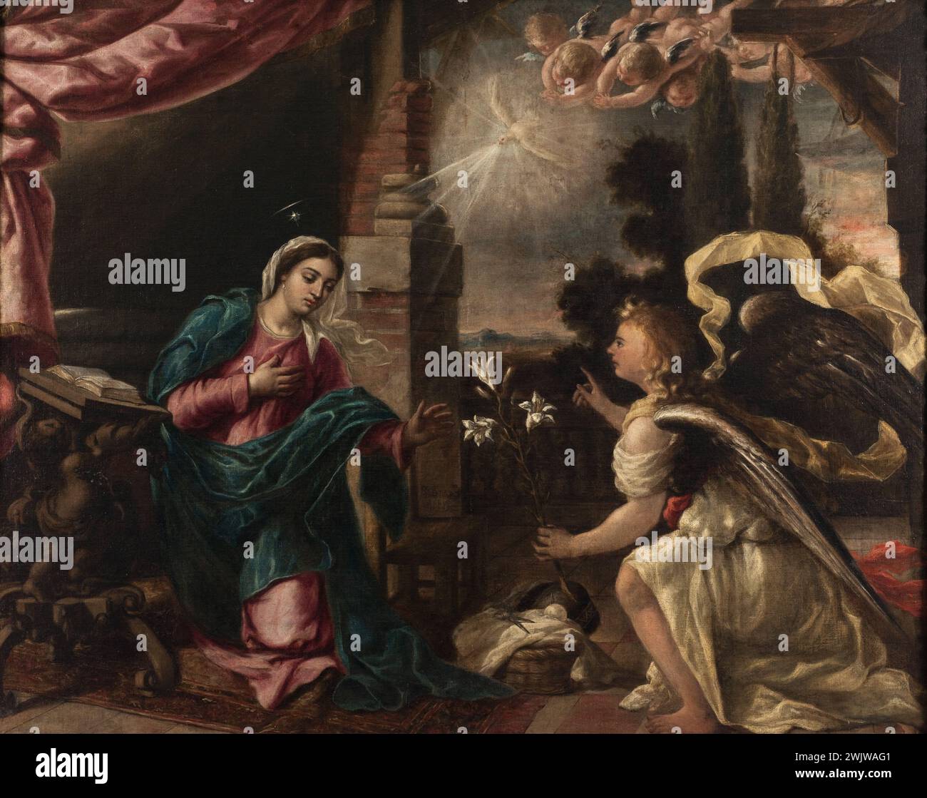 Anonimo (scuola spagnola). "Annunciazione". Olio su tela, XVII secolo. Museo delle Belle Arti della città di Parigi, Petit Palais. 70009-26 Ala, Angelo, Annunciazione, Arcangelo, Bibbia, cattolici, cristiani Chretiani, Fiori, Canvas, Lumiere, Messaggero, nuovo Testamento, Spirito Santo, scena biblica, Signore, Vergine, XVIII secolo Foto Stock