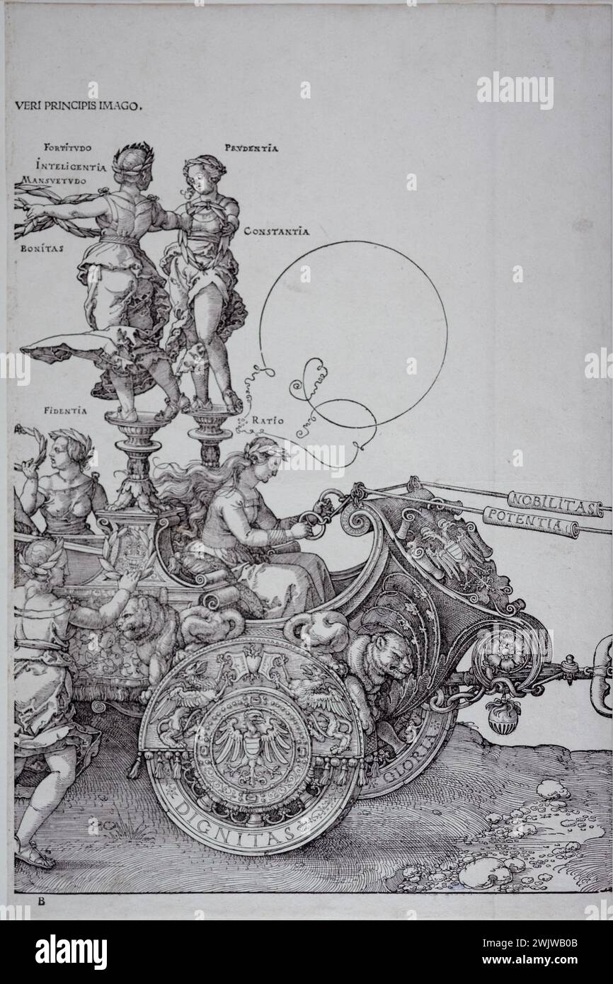 Albrecht Dürer (1471-1528). "Il grande carro trionfante dell'imperatore Massimiliano i, .Bartsch 139; 2° Consiglio". Incisione in legno, 1512-1523. Museo delle Belle Arti della città di Parigi, Petit Palais. Seconda tavola, imperatore, grande vasca trionfante, incisione in legno, sacro impero germanico Foto Stock