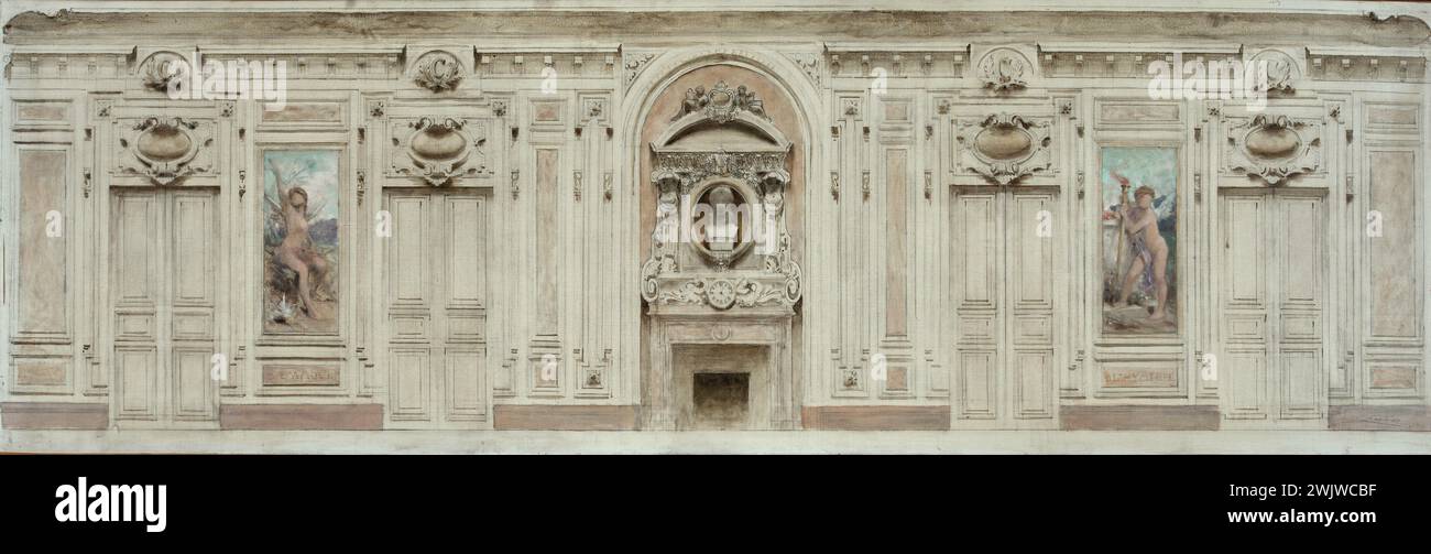 Théobald Chartran (1849-1907). "Amore" e "Hyménée". Bozzetto per la sala matrimoni del municipio di Courbevoie (Hauts-de-Seine). Olio e inchiostro nero su tela e due tele riportate, 1884. Museo delle Belle Arti della città di Parigi, piccolo palazzo. XIX XIX XIX XIX XIX XIX XIX XIX secolo Foto Stock