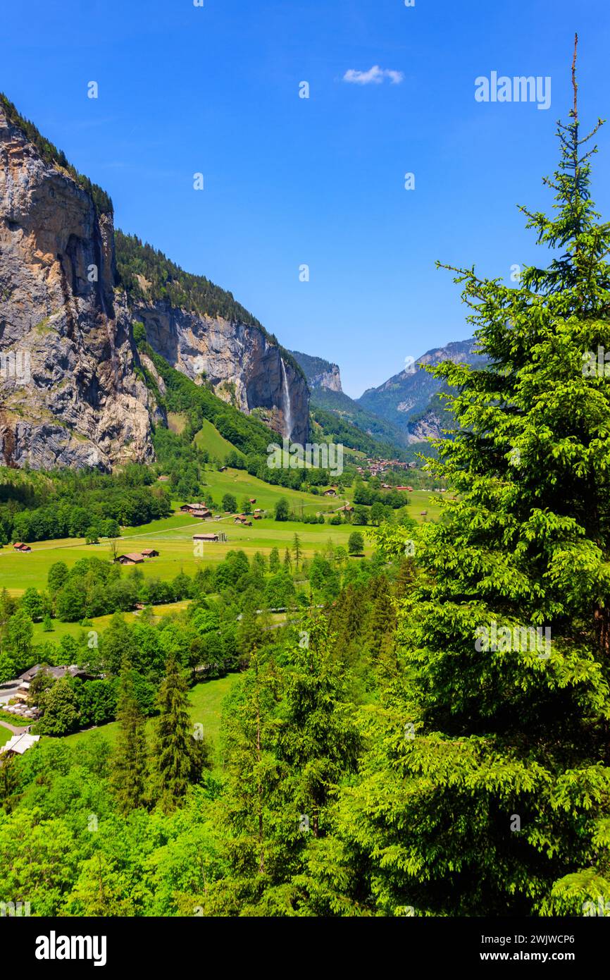 Vista sulla valle di Lauterbrunnen nell'Oberland Bernese, Svizzera. Svizzera natura e viaggi. Paesaggio alpino Foto Stock