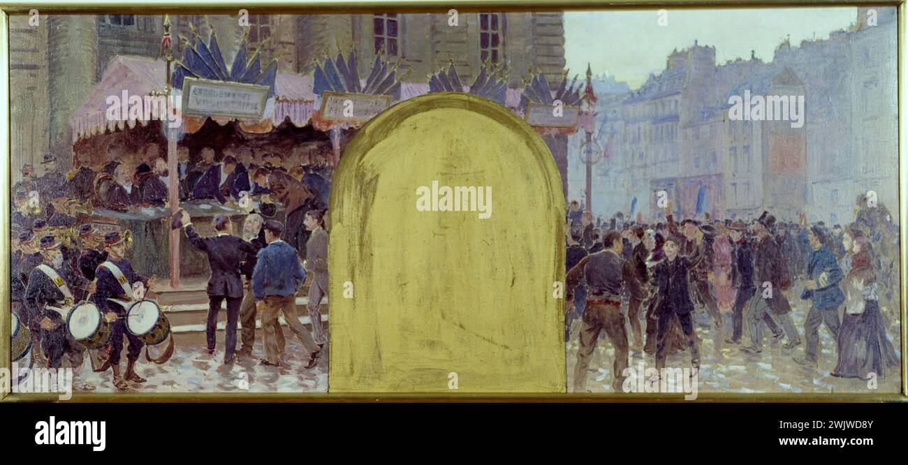 Adolphe Binet (1854-1897). "Sede centrale di Parigi - iscrizione volontaria Place du Panthéon, sketch per il Municipio (Cabinet du Prefet)", 1889. Museo delle Belle Arti della città di Parigi, Petit Palais. Esercito francese, gabinetto prefetto, bandiera tricolore, ingaggio, ingaggio, iscrizione volontaria, iscrizione, schizzo, guerra 1870-1871, municipio, iscrizione, suonare la batteria, patriottismo, piazzare pantheon, reclutamento, sede di Parigi Foto Stock