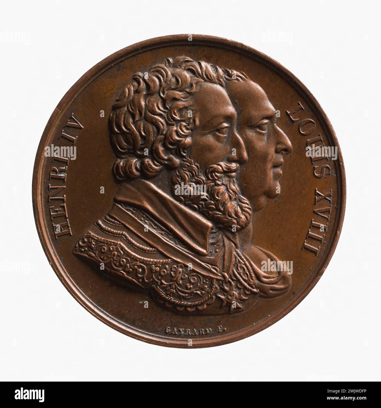 Raymond Gayrard (1777-1858). Restauro della statua di Enrico IV sul Pont Neuf, 28 ottobre 1817. Rame rosso (dritto). Parigi, museo Carnavalet. Medaglia, numismatica Foto Stock