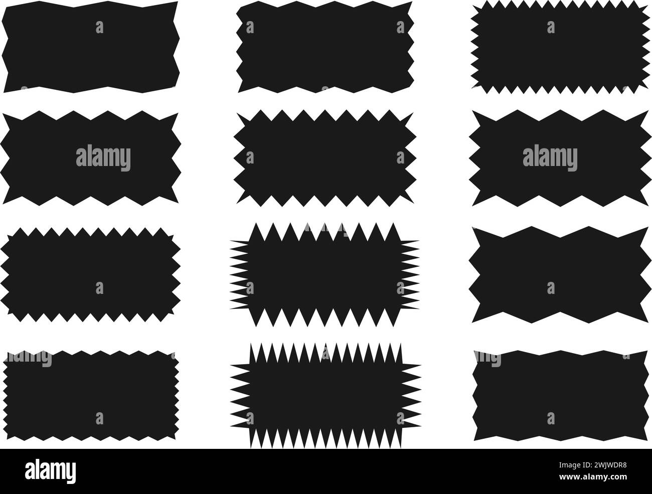 Rettangolo dentellato con bordo a zig zag. Una serie di forme rettangolari a zig-zag irregolari. Colore nero. Elementi isolati per la progettazione di caselle di testo, pulsanti, badge, Illustrazione Vettoriale