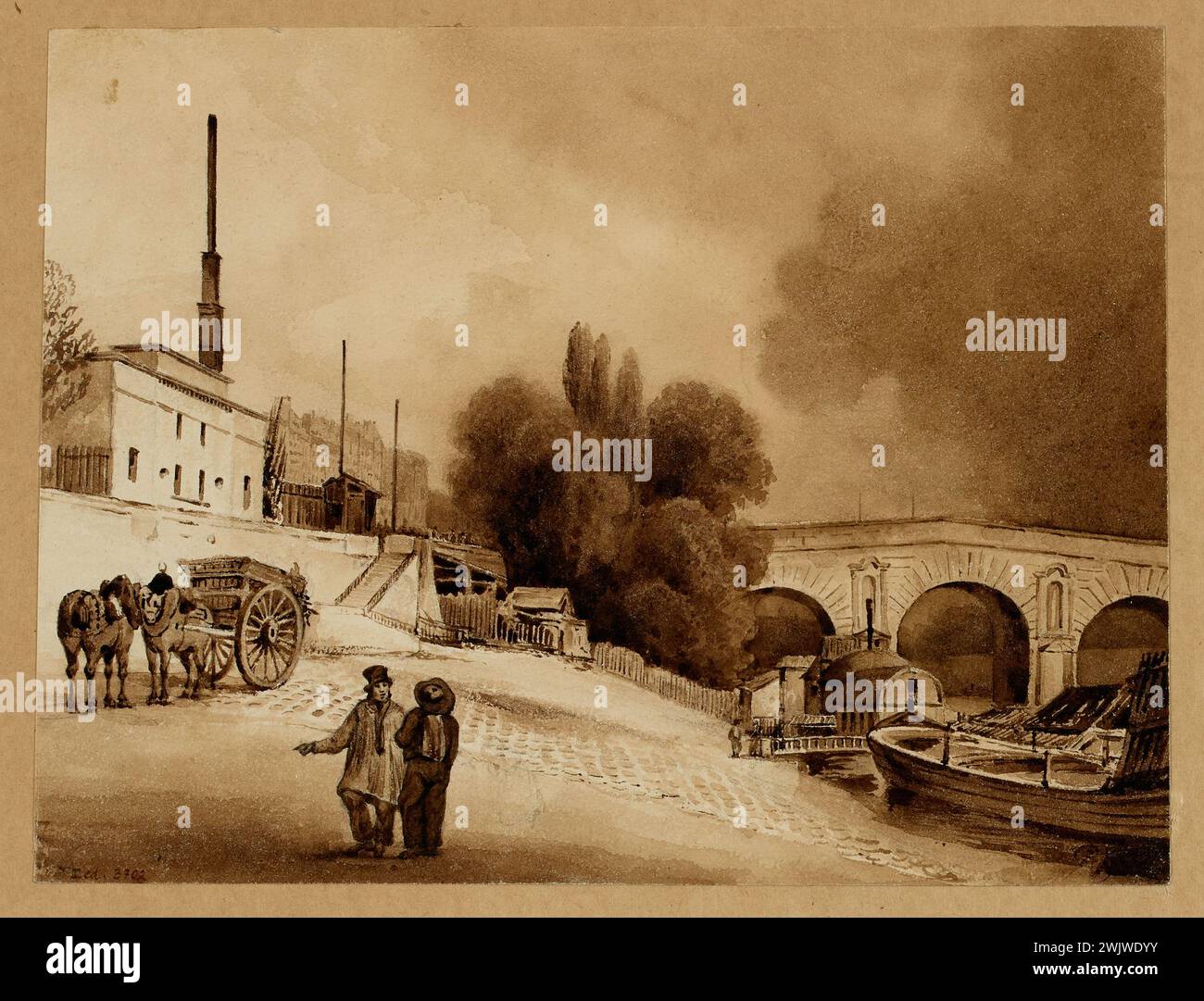 Pupier, Barthélémy dit Camille (n.1799-D.1860), la banca del Quai de l'Hotel-de-Ville e le Pont Marie. (Titolo fedele), 1840. Museo Carnavalet, storia di Parigi. Foto Stock