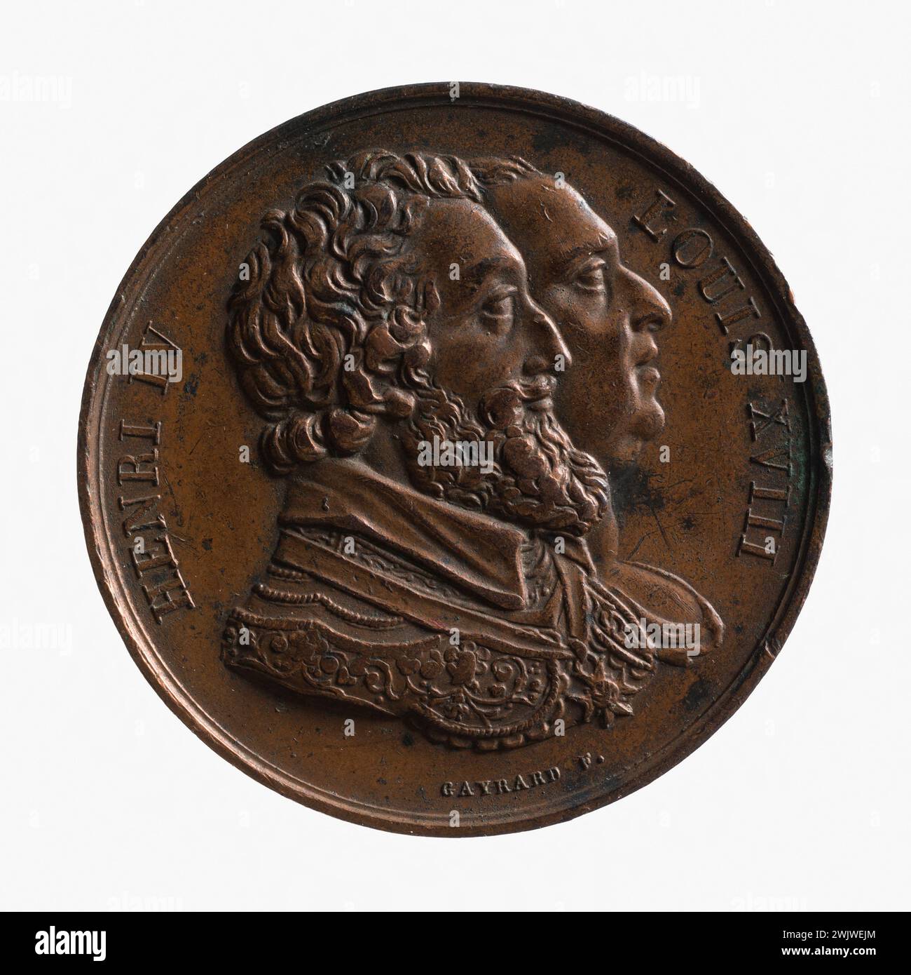 Raymond Gayrard (1777-1858). Restauro della statua di Enrico IV sul Pont Neuf, 28 ottobre 1817. Rame rosso (dritto). Parigi, museo Carnavalet. Medaglia, numismatica Foto Stock