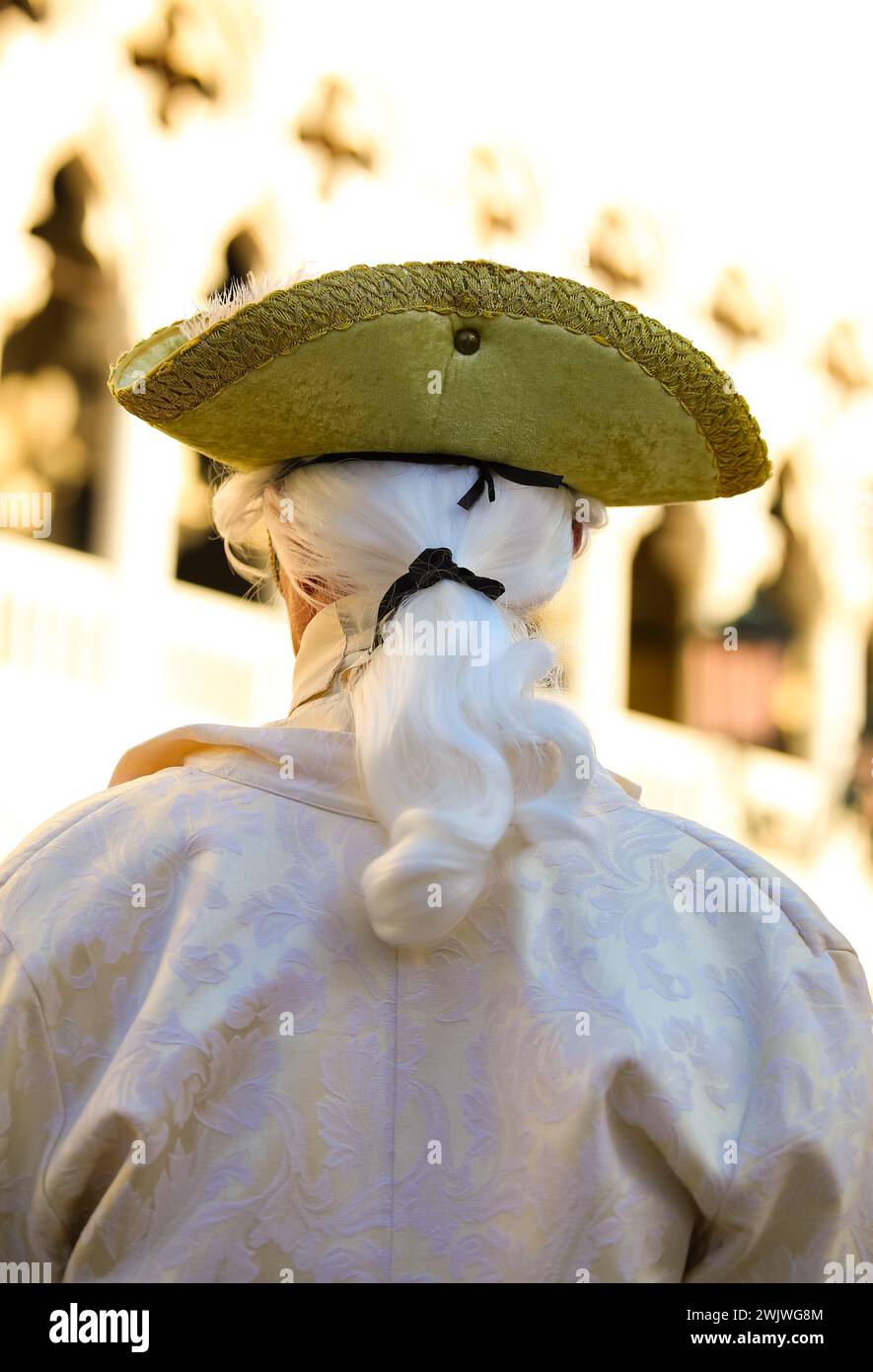 Nobile e parrucca dell'uomo mascherato durante le celebrazioni del Carnevale di Venezia in Italia e il palazzo sullo sfondo Foto Stock