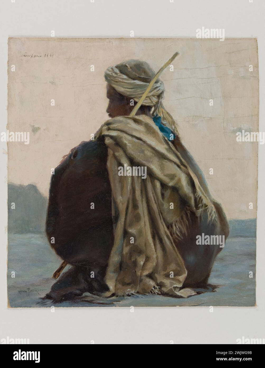 Henry Brokman (1868-1933). Louxor, seduto arabo, tre quarti di schiena. Olio su tela, 1891. Museo delle Belle Arti della città di Parigi, Petit Palais. Arabo, seduto, bastone, costume tradizionale, schiena, sciarpa, egiziana, uomo, medievale, vicino Oriente, abbigliamento tradizionale, XIX XIX XIX XIX XIX XIX XIX XIX XIX secolo, olio su tela Foto Stock