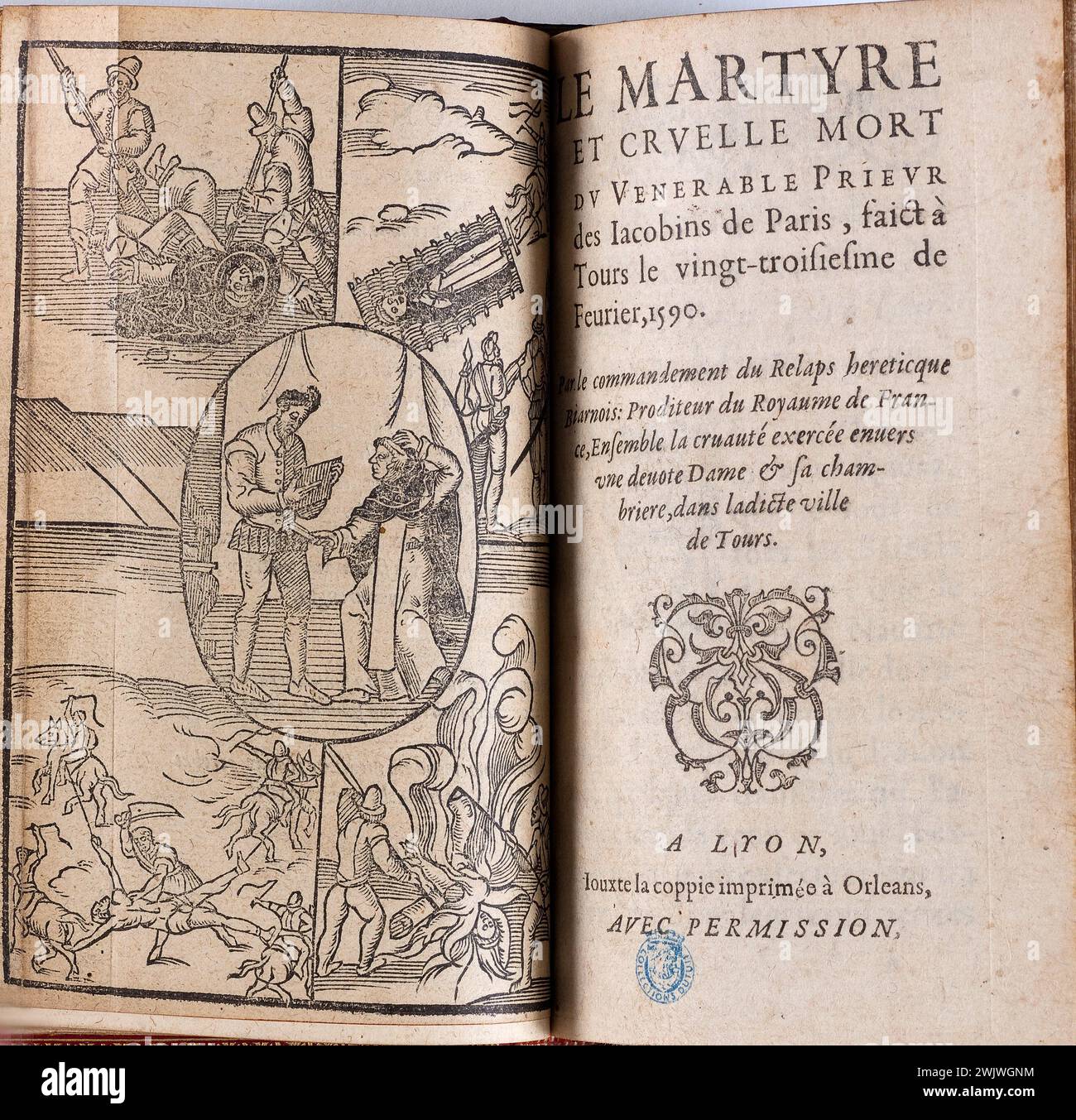 Disprezza il giovane. Bulle di nostre San padre il Papa Sisto V contro Enrico de Valois, 1590. Il martire di frate Jacques Clément dell'ordine di Saint-Dominique, che contiene nel vero tutte le particolarità più notevoli della sua risoluzione Saincte e molto felice impresa al contrario di Enrico de Valois. Parigi, Robert le Fizelier. Ultimo volantino non numerato; Medaglione dell'assassinio di Enrico III incorniciato da 4 scene della tortura di Jacques Clément. Museo delle Belle Arti della città di Parigi, Petit Palais. Il martire di Frere Jacques Clemente dell'ordine di San Domi Foto Stock