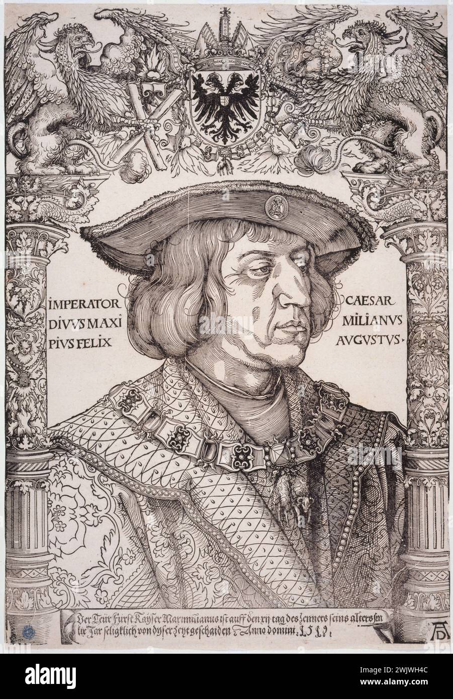 Albrecht Dürer (1471-1528). "L'imperatore Massimiliano i - B 153", 1519. Bois inciso. Museo delle Belle Arti della città di Parigi, Petit Palais. 37066-2 collana in pile dorato, imperatore, germanico, ritratto, Roman Foto Stock