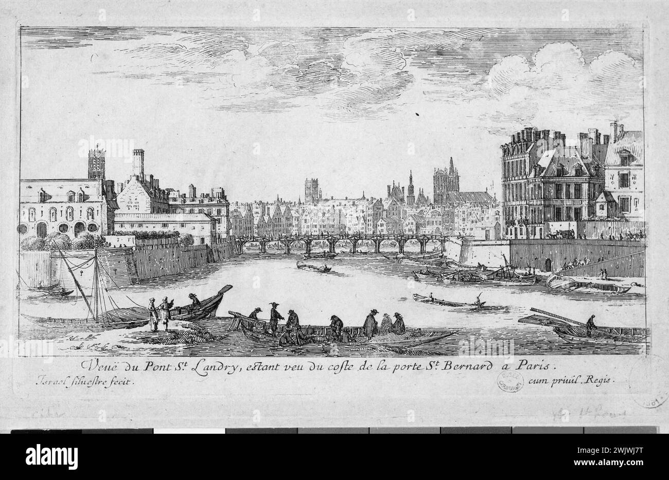 Israel Silvestre (1621-1691), Israel Henriet (1590-1661). "Vista del ponte di Saint-Landry dal lato della porte Saint-Bernard di Parigi". Mangiate, 1657. Parigi, museo Carnavalet. Arrondissement, incisione, ponte di Saint-Landry, porta di San Bernardo, sciabica, veme v 5th 5th Foto Stock