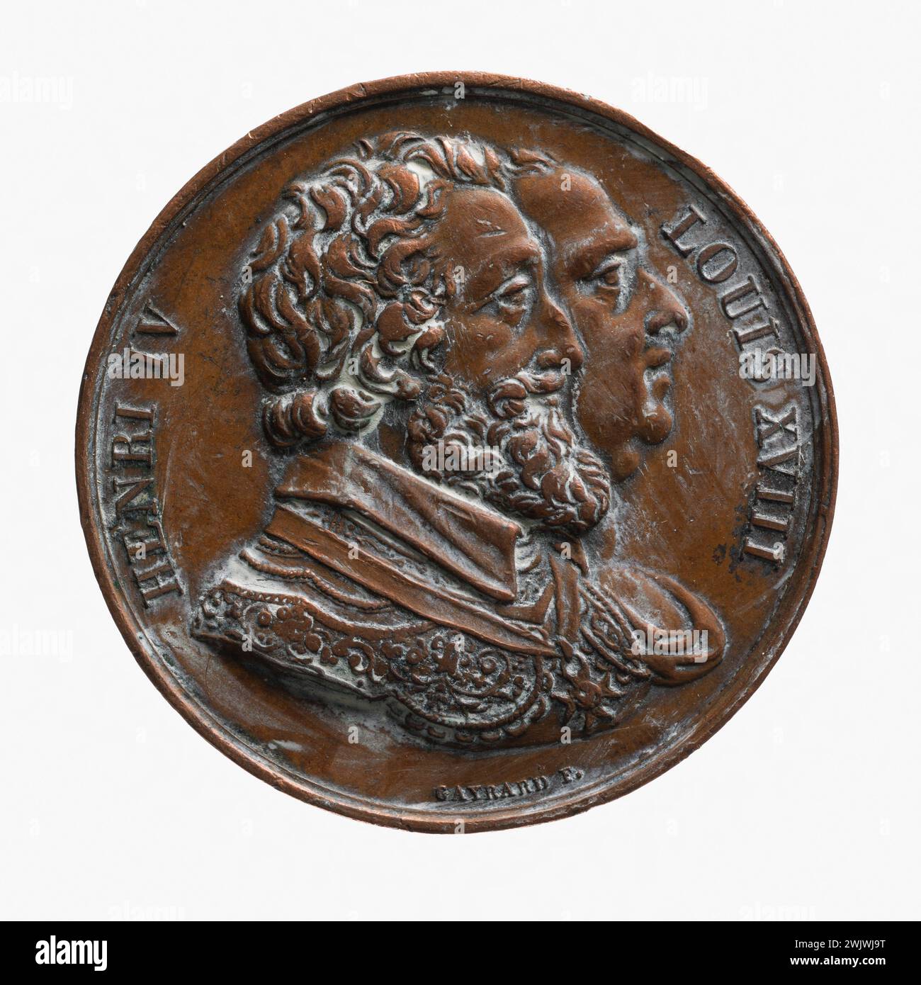 Raymond Gayrard (1777-1858). Restauro della statua di Enrico IV sul Pont Neuf, 28 ottobre 1817. Rame rosso (dritto). Parigi, museo Carnavalet. Medaglia, numismatica Foto Stock