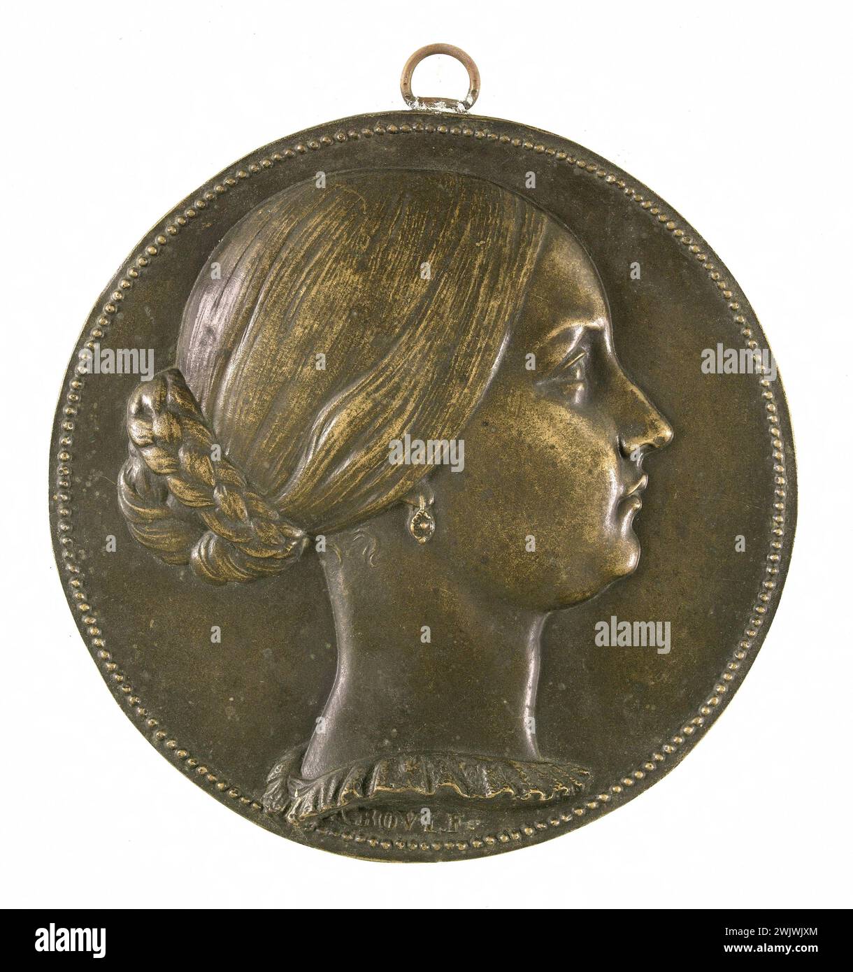 Antoine Bovy (1795-1877). Medaglia. Ritratto di una donna. Metallo, bronzo. Museo delle Belle Arti della città di Parigi, Petit Palais. 58766-15 averse, gioiello, orecchini, bronzo, panino, donna, medallle, metallo, numismatica, profilo, ritratto, treccia Foto Stock