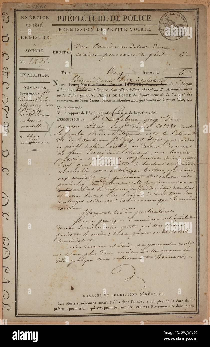Document de la Préfecture de Police datée de 1811 pour la mise en Place d'une barrière au devant d'une maison pour cause de péril. Foto Stock