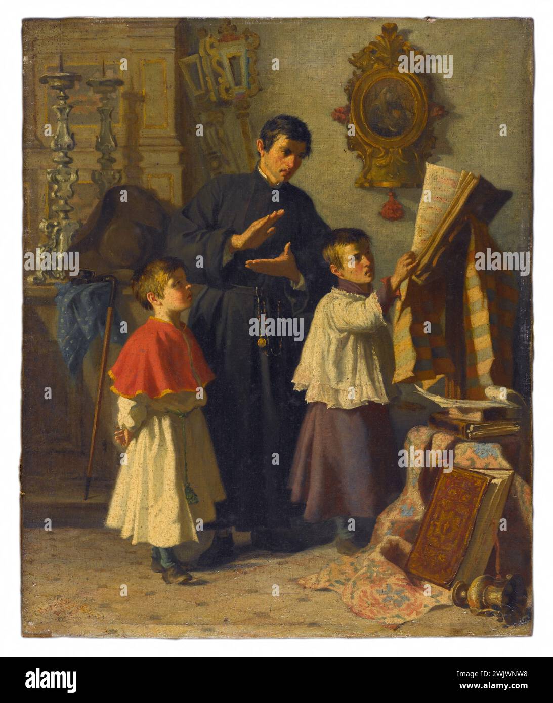 Auguste Dutuit (1812-1902). "Roma, lezione di canto". Olio su tela, 1860. Museo delle Belle Arti della città di Parigi, Petit Palais. Roma, la lezione di canto del XIX secolo, imparare, cantare, infanzia, infanzia, bambino, insegnamento, apprendimento, Lecon, lezione, libro, Maestro, musica, musica, olio su tela, page, Partition, Professor, Sing, Singing Lesson, Song, Teaching, Turn, Teacher, 19th 19th 19th 19th 19th 19th XIX secolo, libro, bambino, olio su tela Foto Stock