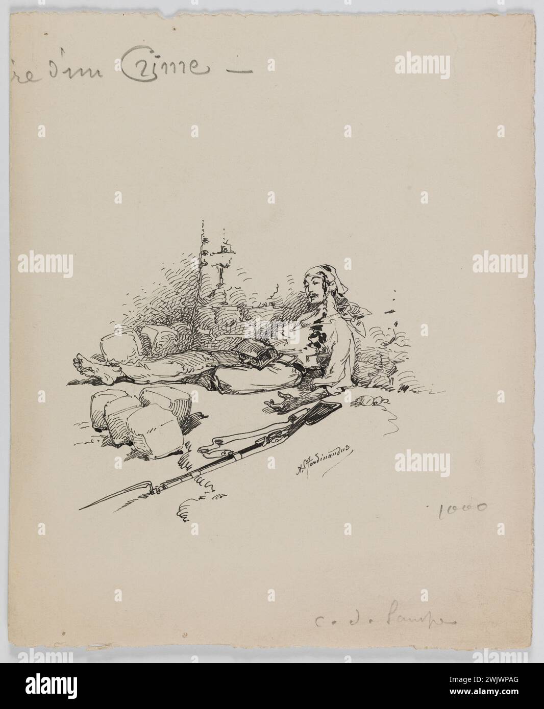 Alexandre Ferdinandus (dit F. Avenet). "CUL-de-lamp per il capitolo "storia di un crimine". Illustrazione per il " Libro d'oro di Victor Hugo ". Inchiostro su carta. 1882 Parigi, casa di Victor Hugo. 102268-15 baionetta, avvolto, senza lampada, disegno, inchiostro, fucile, uomo, illustrazione di opere letterarie, morte, pavimentazione, sangue, 19 19 19 19 19 19 19 19 19 19 xix secolo Foto Stock