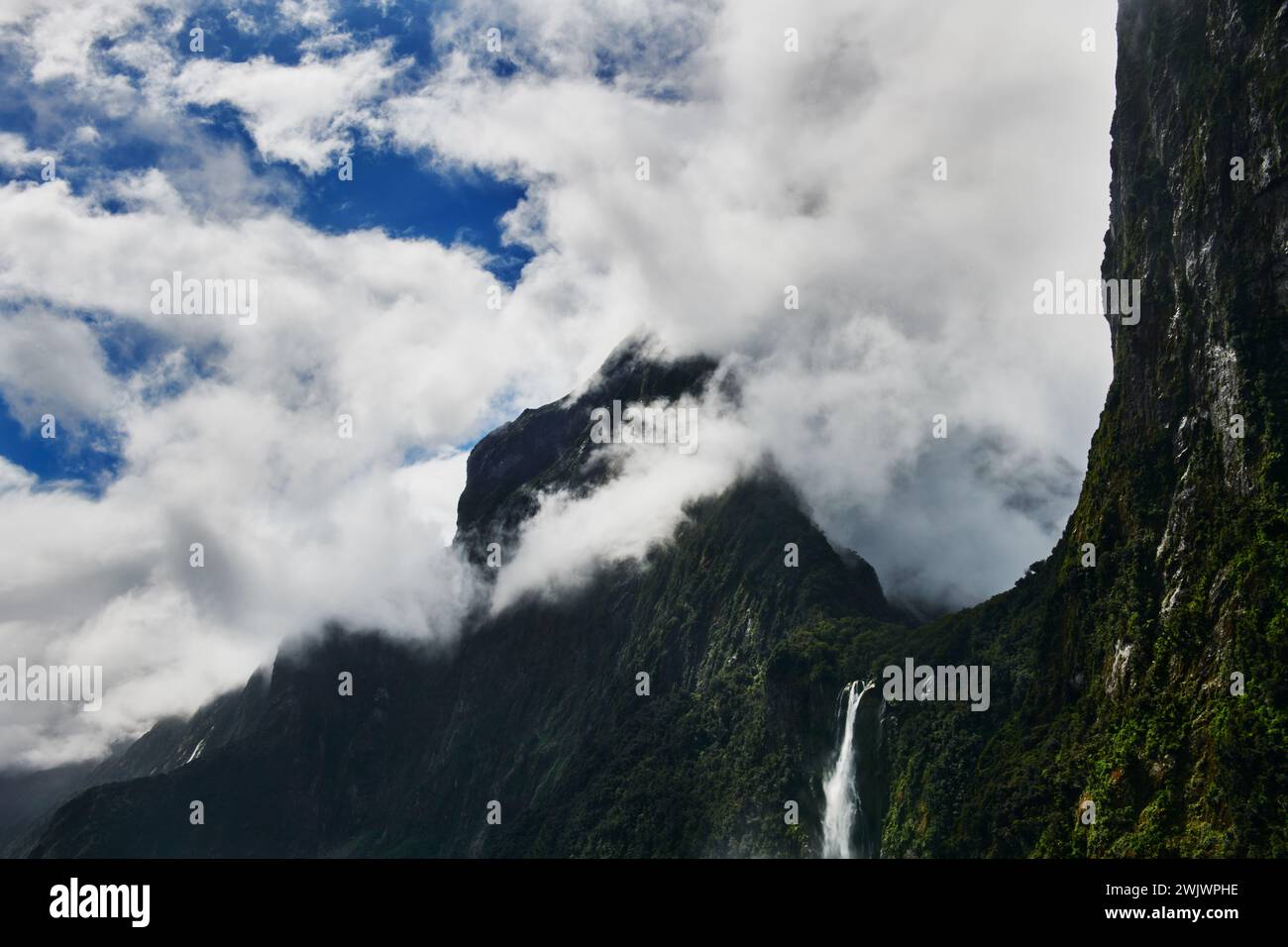 Paesaggio di Milford Sound / Piopiotahi, South Island, nuova Zelanda Foto Stock