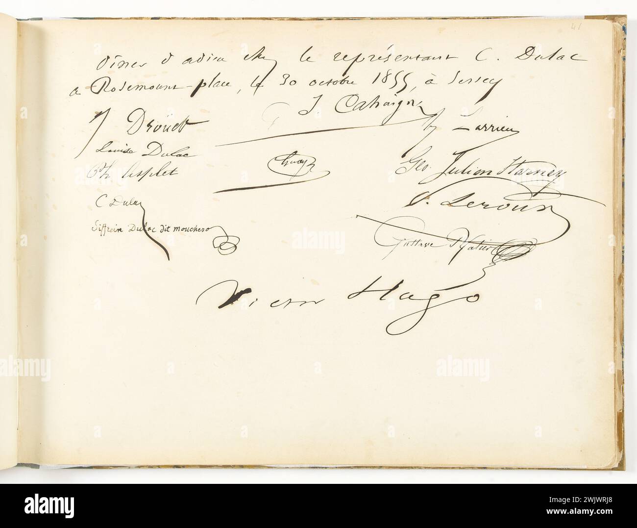 Victor Hugo (1802-1885), Pierre Leroux (1797-1871), Juliette Drouet (1806-1883), Charles Asplet (1814-1881). Album Asplet, folio 41. "Signator of the farewell Dinner". Inchiostro cinese. 1855-10-30-1855-10-30. Parigi, casa di Victor Hugo. 100741-8 vietata, repubblicana, repubblica francese, resistenza, XIX XIX XIX XIX XIX secolo Foto Stock