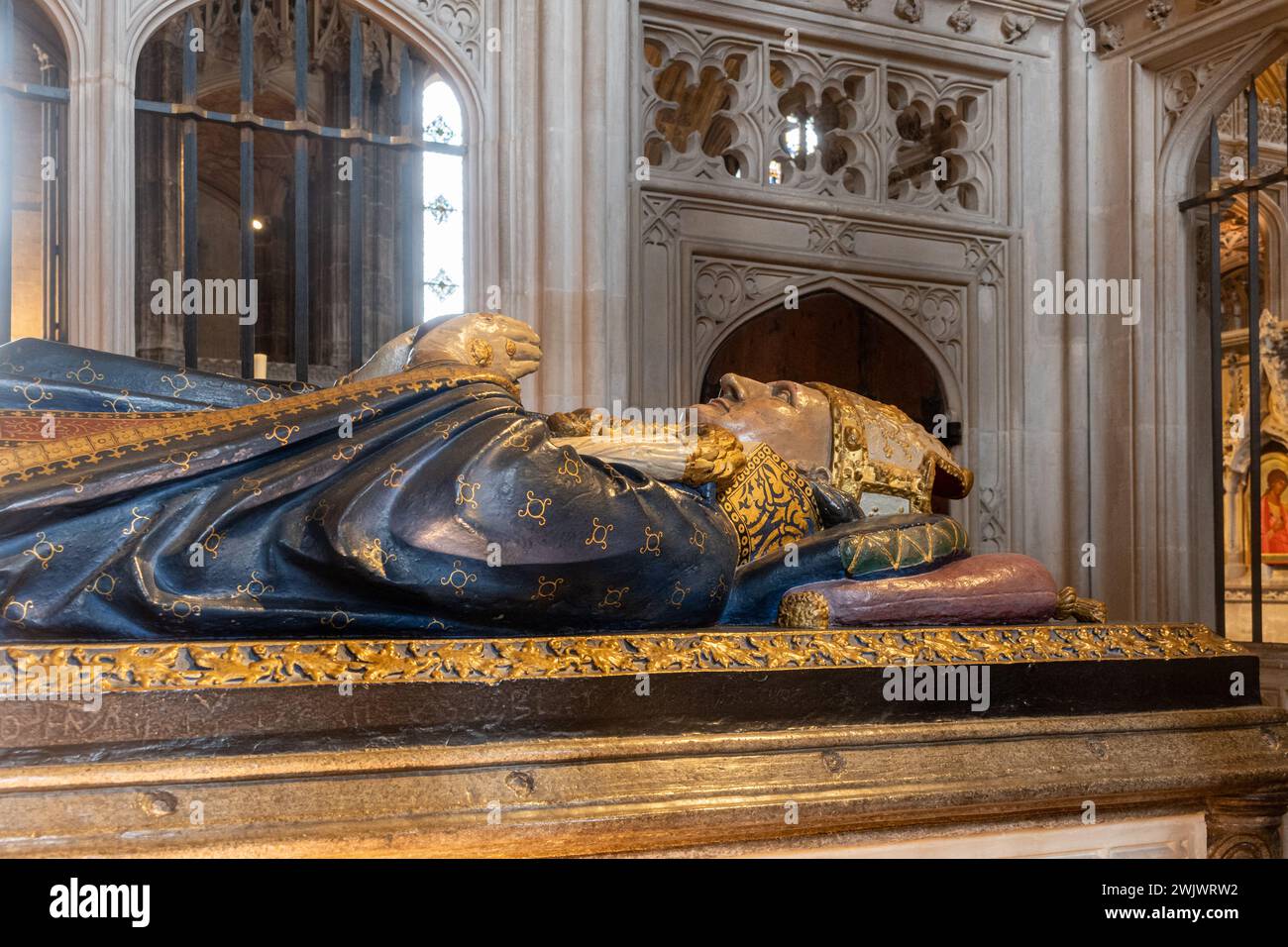 Cappella e tomba del vescovo Waynflete's Chantry, vescovo di Winchester del XV secolo, Cattedrale di Winchester, Hampshire, Inghilterra, Regno Unito Foto Stock